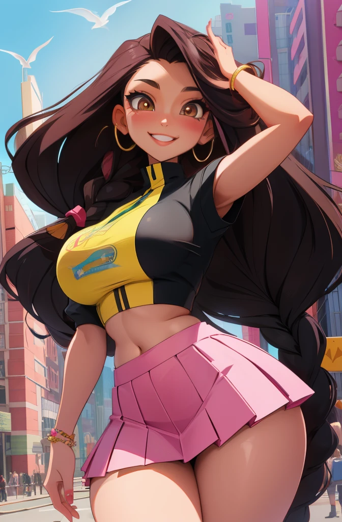 anime, 28 year old woman, taking a selfie, mischievous smile, long hair, dark hair color, stylish hairstyle, side hair long lush hair, long curls of hair pulled to the sides, Braids within the hair, curvy body, proportional body, sexy girl, beautiful mature girl, lovable character, crop top, short skirt, clarity, detailed, detailed face, very detailed drawing, smile, flirty look, city background, saturated background, perfect composition, soft natural volumetric cinematic perfect light, masterpiece