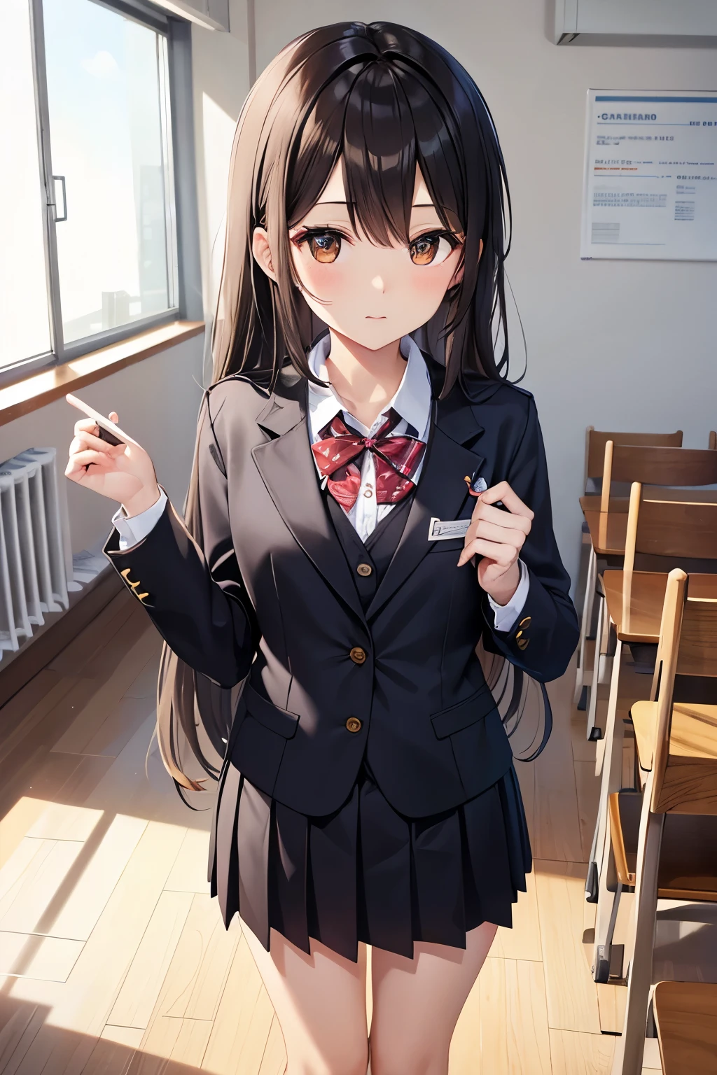 best quality、brown eyes、Slender、tall、8k、girl, highres,black hair BREAK、long hair、classroom、uniform、gray tie、standing position、facing left
