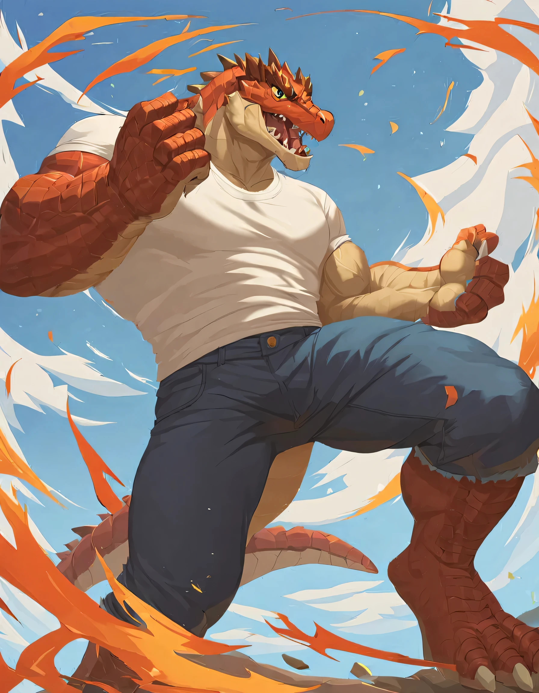 Fraction_9, Fraction_8_up, Fraction_7_up, Fraction_6_up, Fraction_5_up, Fraction_4_up, male focus, score_safe, src_hairy, hairy, lizard Man, only, grimace, vector_Art, venous muscle, short jeans, whole body, fighting stance, White T-shirt