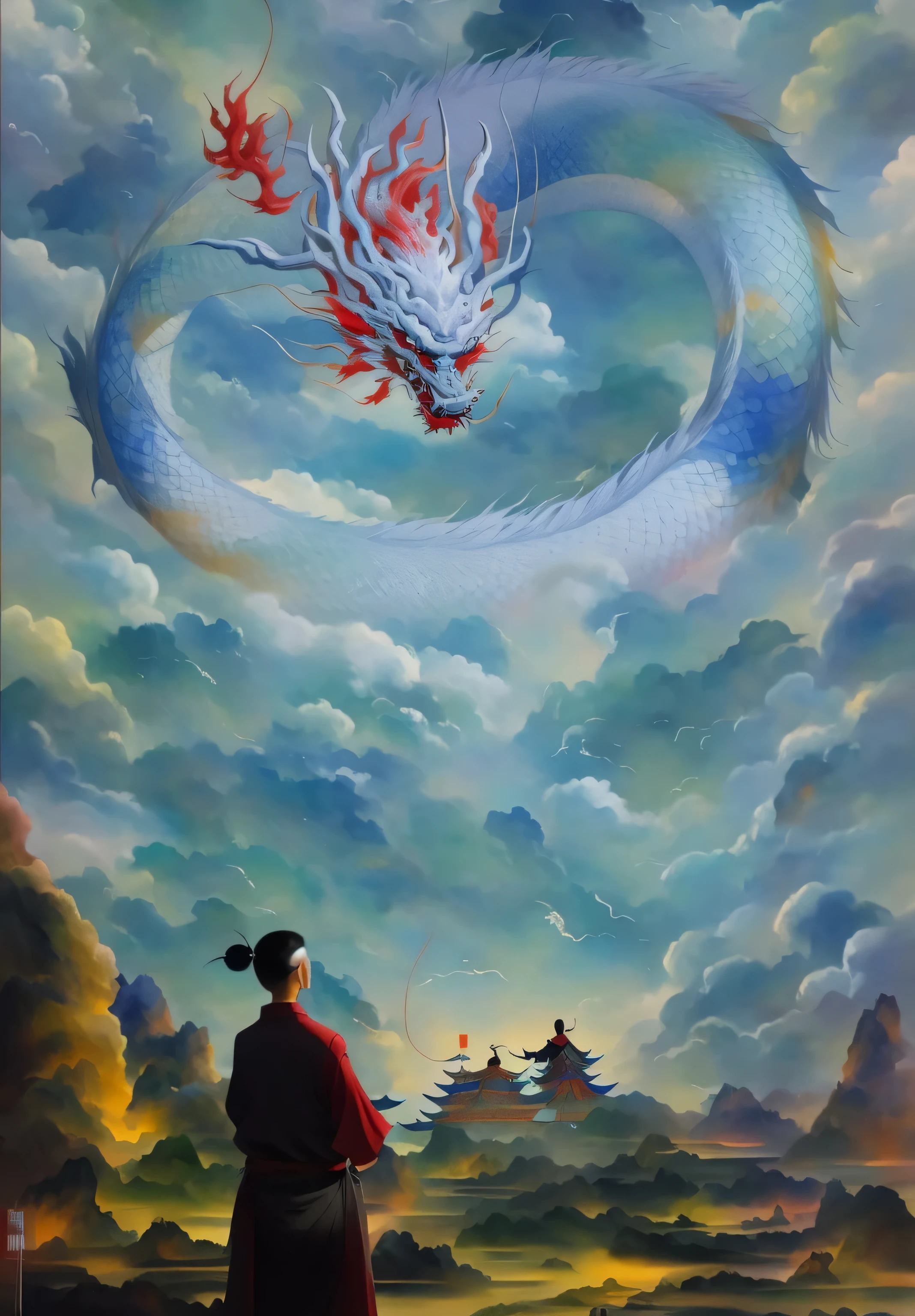 painting of a man standing in front of a painting of a dragon, home, chinese surrealism, dragon in the sky, inspired by Tosa Mitsuoki, inspired by Ren Xun, by Ju Lian, akira from chinese mythology, by Wen Boren, inspired by Yang Buzhi, chinese fantasy, inspired by Li Rongjin, by Ren Renfa, by Li Zai