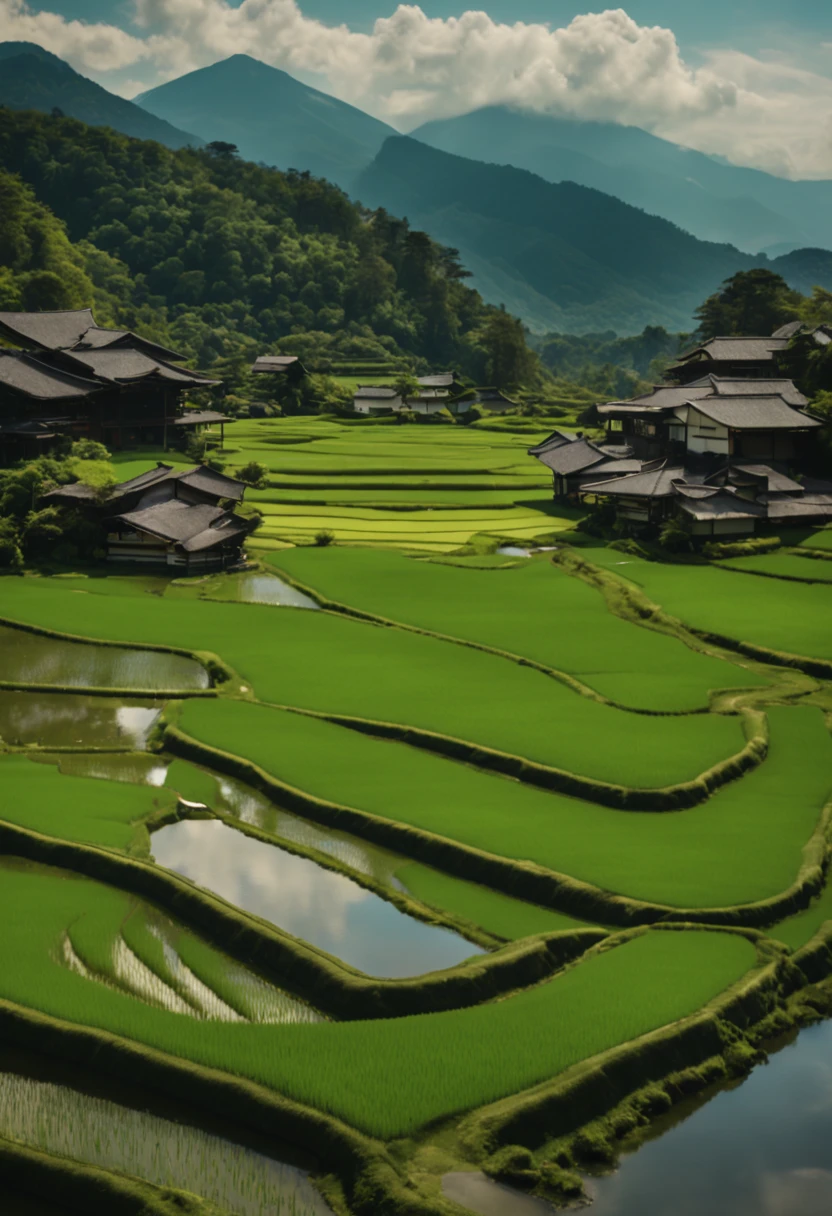 📷 A stunning panoramic view of a vibrant green rice paddy in rural Japan, medium: hyper-realistic photography, style: capturing the tranquil beauty of the Japanese countryside, lighting: soft natural light with clouds overhead, colors: lush greens contrasted with browns, composition: shot with a Fujifilm GFX 100S, GF 32-mm f/4 R LM WR lens, resolution 100 megapixels, ISO 100, f/11 aperture, shutter speed 1/125s. The rice paddy stretches endlessly with mountains in the distance, aesthetic