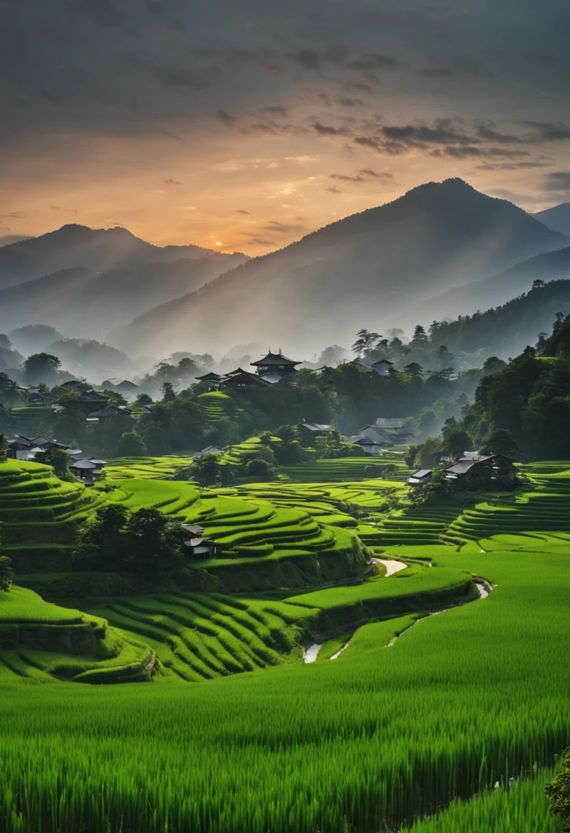 📷 A stunning panoramic view of a vibrant green rice paddy in rural Japan, medium: hyper-realistic photography, style: capturing the tranquil beauty of the Japanese countryside, lighting: soft natural light with clouds overhead, colors: lush greens contrasted with browns, composition: shot with a Fujifilm GFX 100S, GF 32-mm f/4 R LM WR lens, resolution 100 megapixels, ISO 100, f/11 aperture, shutter speed 1/125s. The rice paddy stretches endlessly with mountains in the distance, aesthetic