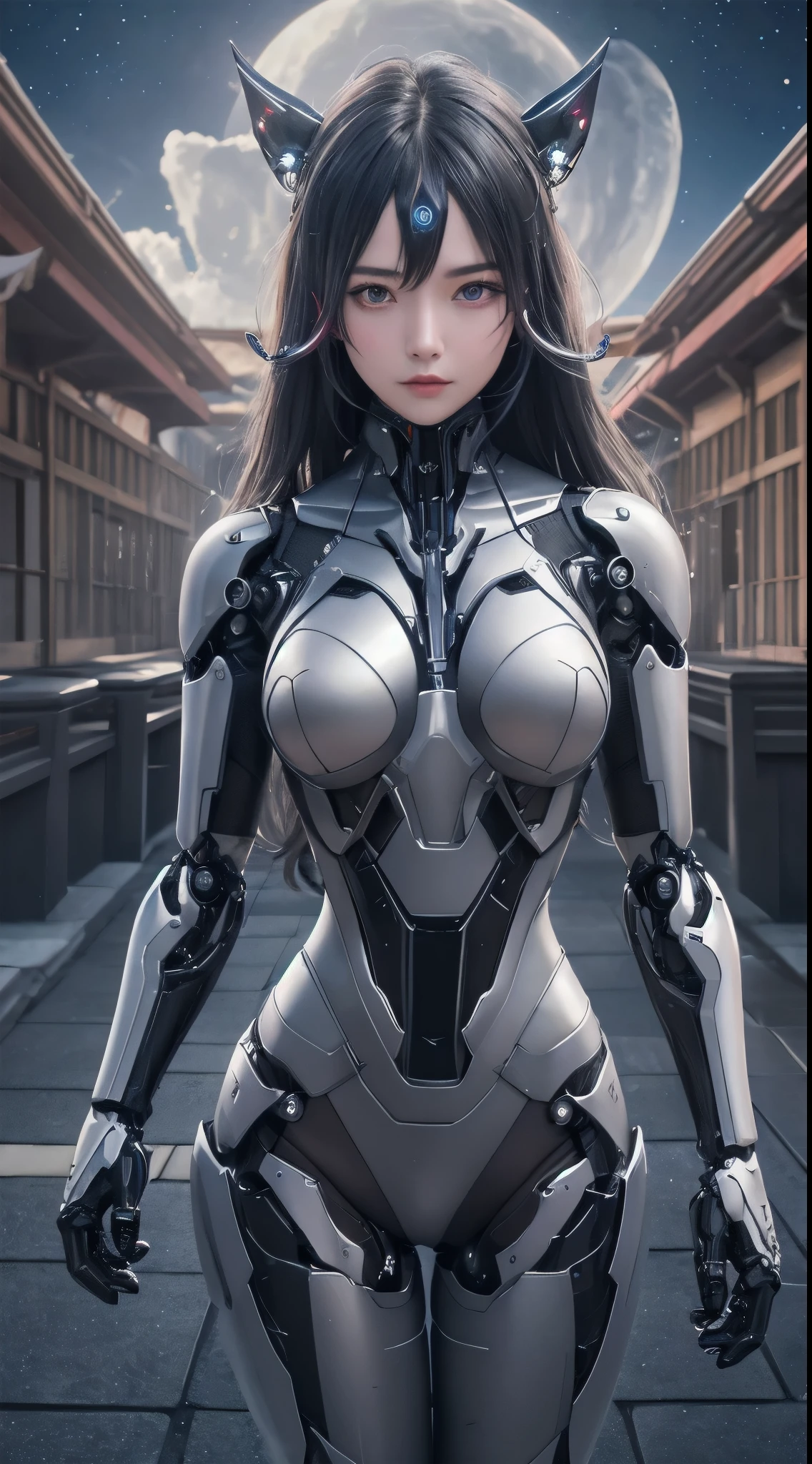 cowboy shot, caustics,reflection,ray tracing,devil theme,nebula,dark aura,cyber effect, (1 girl:1.4),alone,alone,mecha musume,mechanical parts, robot joints,single mechanical arm, headgear, mechanical harrow,hello star,intricate mechanical bodysuit, mech corset, kimono, full armor, very long hair,gray hair, hair between eyes, colorful hair, inner hair coloring, red eyes,glowing eyes,Eye marks, random expression,random action, ancient japanese architecture,pool, starry sky,skyline,