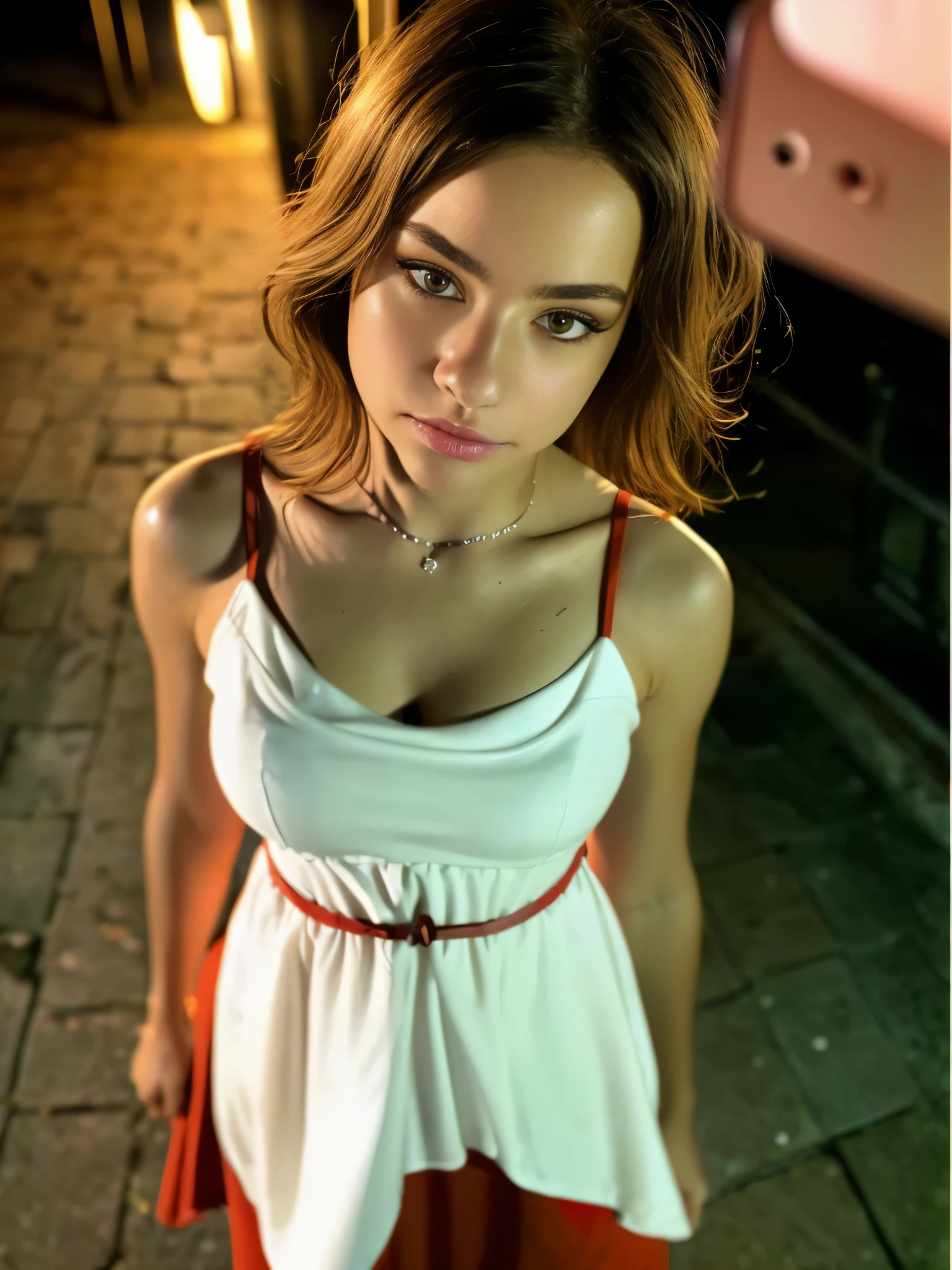 (selfie shot, from above:1.4), (half body postrait:1.4), RAW uhd portrait photo of a 18-year-old blonde (blue-eyed woman) walking down a dark alleyway, natural breasts_b, nighttime city background, ((red sundress): 1.5), (cleavage), detailed (textures!, hair!, shine, color!!, imperfections:1.1), highly detailed glossy eyes, (looking at the camera), specular lighting, dslr, ultra quality, sharp focus, tack sharp, dof, film grain, (centered), Fujifilm XT3, crystal clear, center of frame, cute face, sharp focus, street lamp, neon lights, bokeh, (dimly lit), low key, at night, (night sky)  detailed skin pores, oiled skin, tan, intricate eye detail