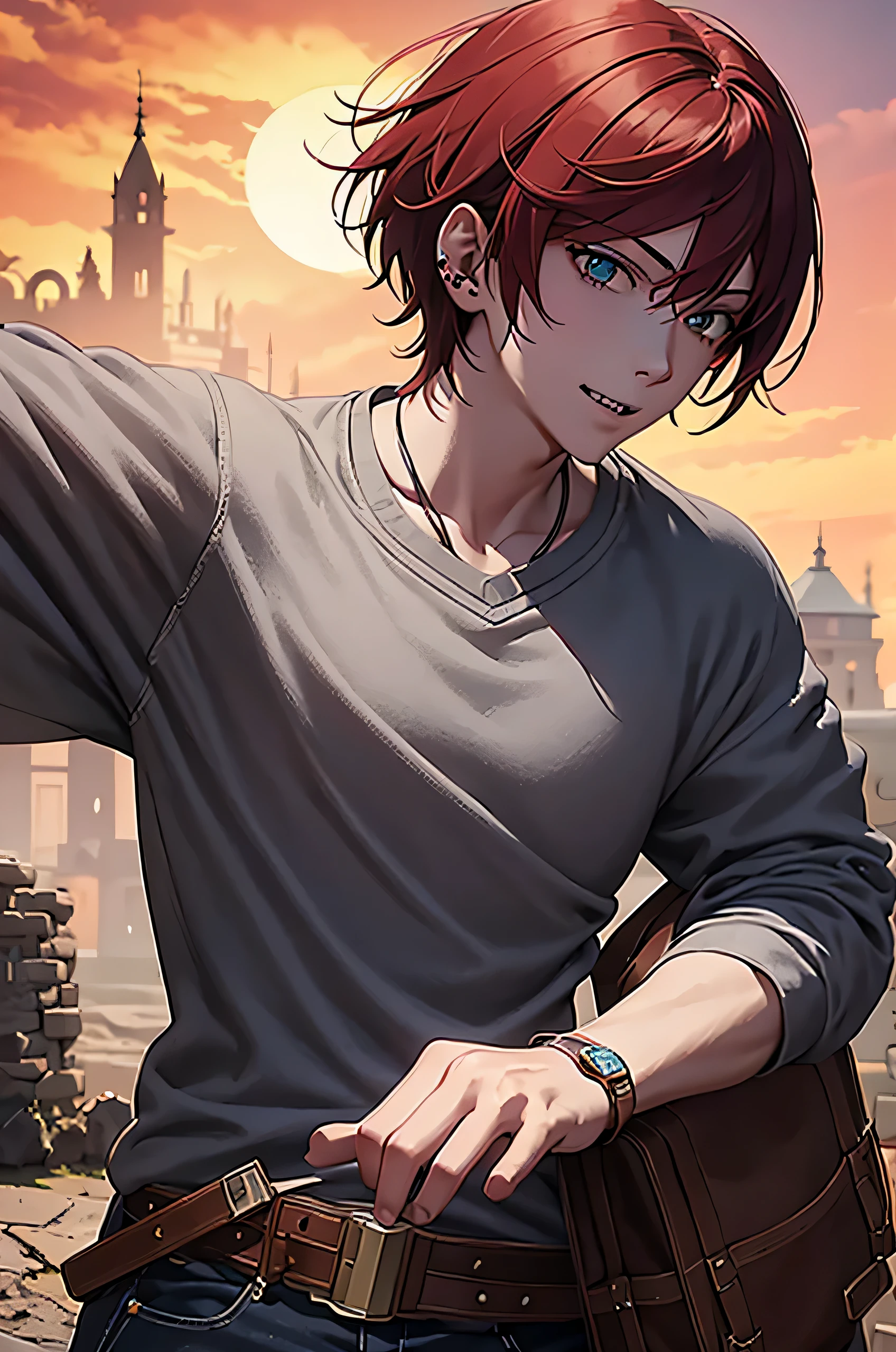 anime guy, red hair, medium hair, bangs, muscular, piercings, sweater, white sweater, ruined kingdom background, broken castle, dusk, sun, orange pink sky, foggy, broken sword, wielding broken sword, green broken sword, jewelry, sharp teeth, smile, happy, gray eyes, grey eye color, mature, baggy sweater, bracelets, pretty face, belt, badass, scar on face, (masterpiece), (Best Quality:1.1),(Ultra-detailed),Best Illustration,finely , detail, ,Clear,4K, raytracing, clear, realistic,
