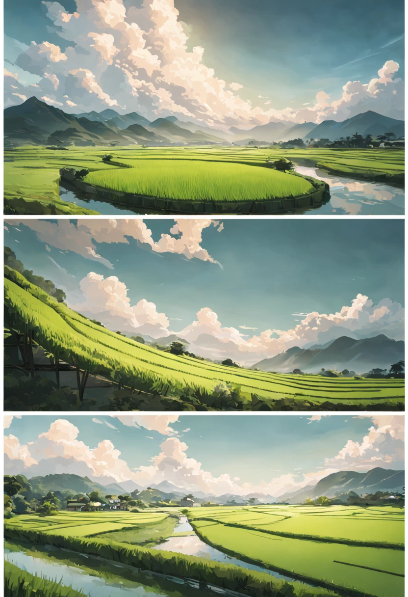 📷 A stunning panoramic view of a vibrant green rice paddy in rural Japan, medium: hyper-realistic photography, style: capturing the tranquil beauty of the Japanese countryside, lighting: soft natural light with clouds overhead, colors: lush greens contrasted with browns, composition: shot with a Fujifilm GFX 100S, GF 32-mm f/4 R LM WR lens, resolution 100 megapixels, ISO 100, f/11 aperture, shutter speed 1/125s. The rice paddy stretches endlessly with mountains in the distance, aesthetic