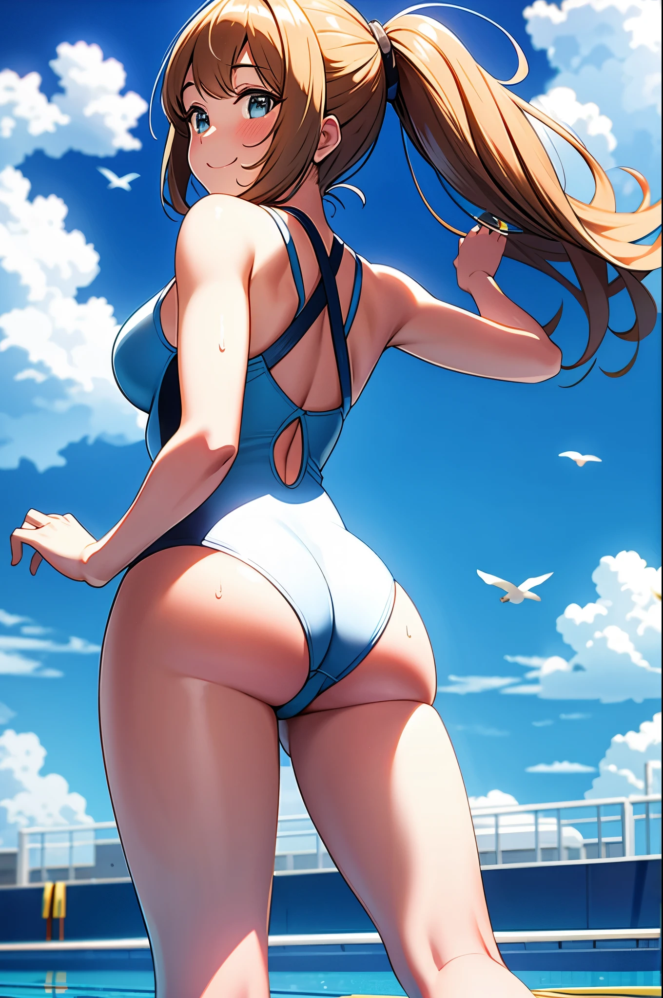 masterpiece,hyper quality,very detailed,perfect picture,alone, wonderful, beautiful, majestic, elegant, Sparkling, Flowers, Birds, Wind and Moon, wonderful, quaint, beautiful girl in one swimsuit, Rear view, Round and cute buttocks, Puni Puni, meat々Shishi ass, butt sticking out pose, B99W66H110, Chubby, Plump, blush, Sweat, sunburned skin, cheeky smile, swimming club,white swimsuit, , blue sky, Cumulonimbus cloud, wonderful sun, Carbonated water, V-shaped swimsuit, competitive swimming pool, Photographed from diagonally below and behind, breast enhancement, See-through, thin fabric swimwear, clear face, masterpiece, hyper quality, very detailed, perfect picture,CG,3D,8k,figure,beautiful face girl,strike_1,
