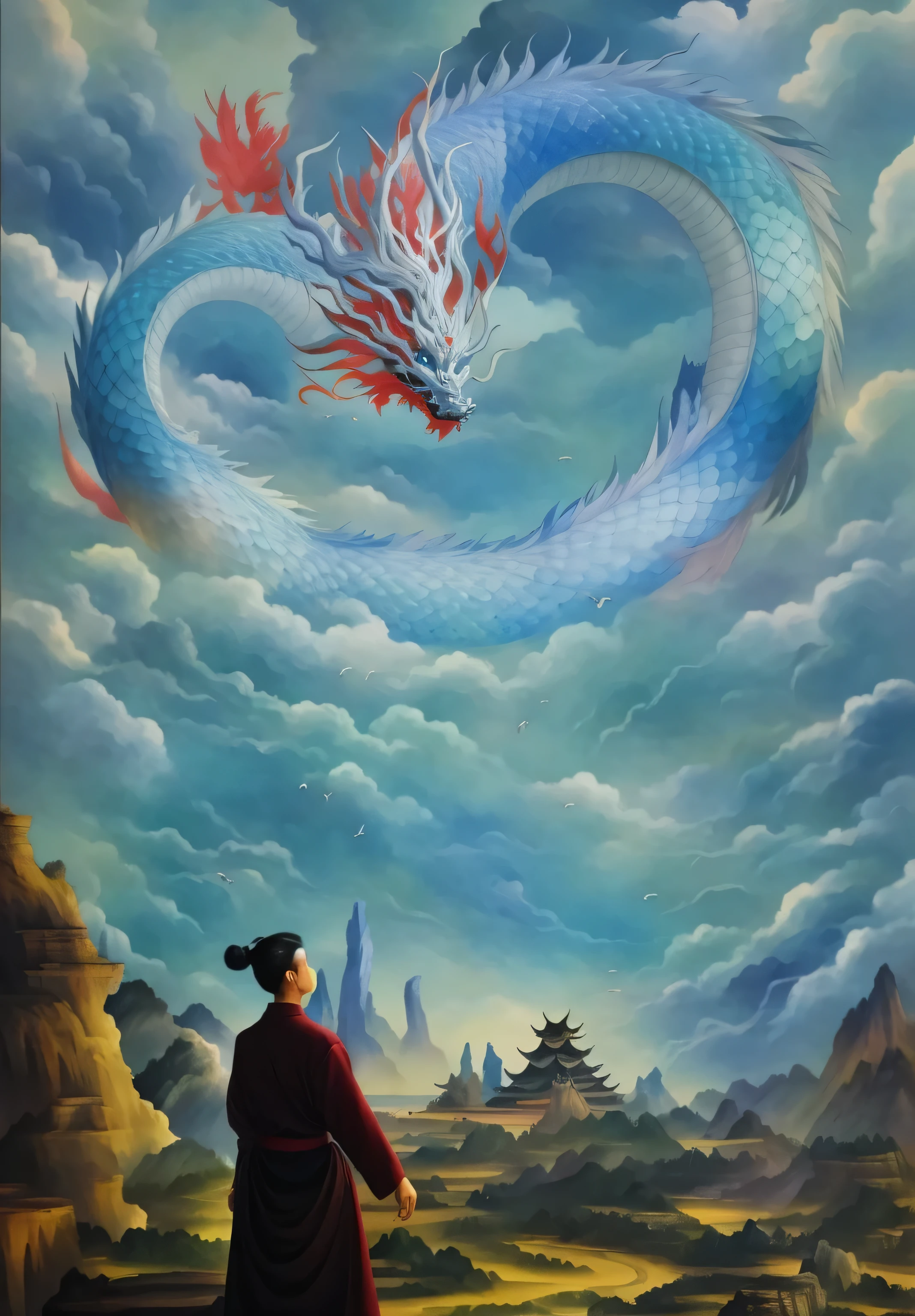 painting of a man standing in front of a painting of a dragon, home, chinese surrealism, dragon in the sky, inspired by Tosa Mitsuoki, inspired by Ren Xun, by Ju Lian, akira from chinese mythology, by Wen Boren, inspired by Yang Buzhi, chinese fantasy, inspired by Li Rongjin, by Ren Renfa, by Li Zai