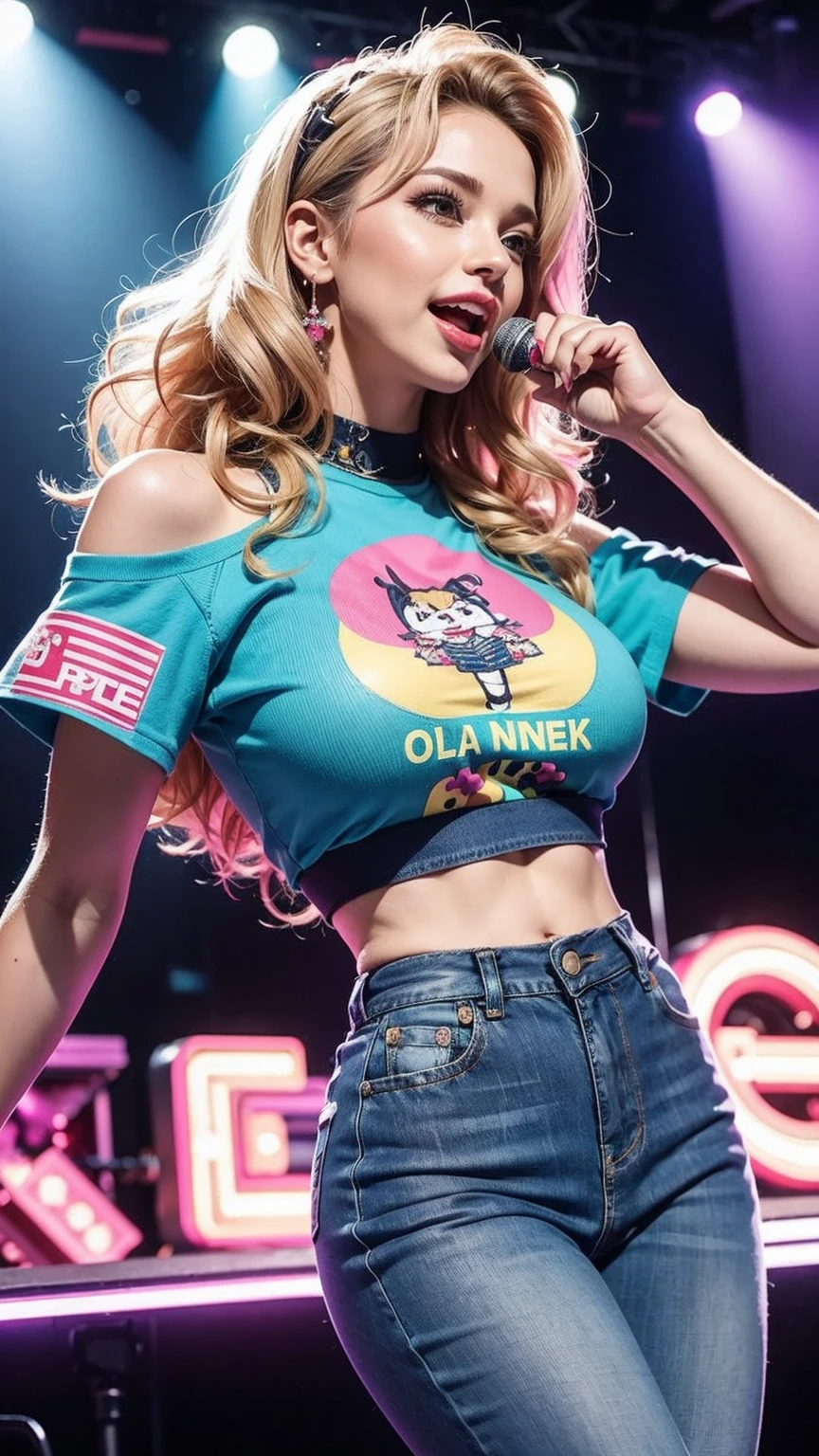 In a lively karaoke bar filled with retro vibes and colorful decorations reminiscent of the 80s, a group of friends gathers for a night of laughter and music. Among them stands a girl with a striking y2k outfit that perfectly captures the spirit of the evening. She wears a vibrant, oversized crop top adorned with playful graphics and paired with funky, high-waisted jeans that accentuate her figure. Her blonde curly hair is styled in a playful 90s-inspired updo, framing her face with carefree elegance. As she takes the stage for a performance, her infectious energy fills the room, drawing cheers and applause from the crowd. With each note she sings, she captivates the audience, leaving them eager for more of her charismatic charm and undeniable talent.