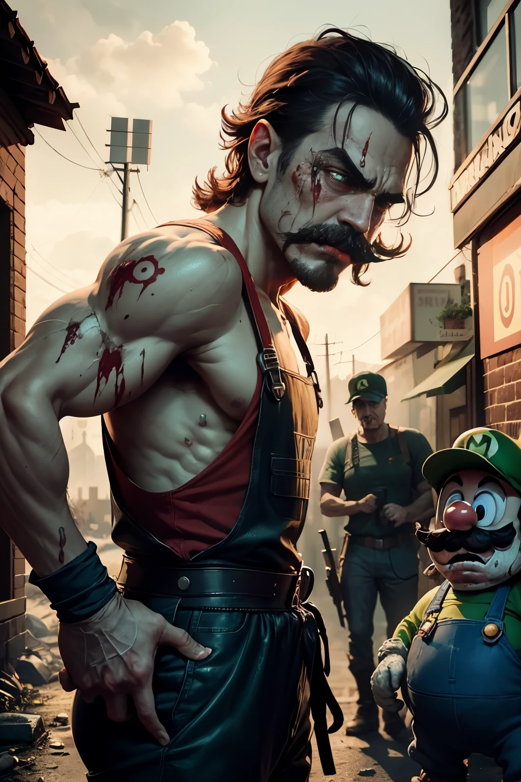 In the 4k, realistic style, Super Mario's expression bears the signs of a deep injury, his once cheerful face now contorted with pain and despair. The iconic mustache wilts, and his eyes, filled with fear and determination, reflect the horror of the zombie-infested world around him. Splatters of blood and green pus cover his red overalls, adding a chilling contrast to his once vibrant and innocent appearance. Unseen enemies lurk in the background, their grotesque forms hinting at the dangers that surround the wounded hero. Despite his injuries, Mario stands firm, his resolve unbroken as he prepares to face the undead horde determined