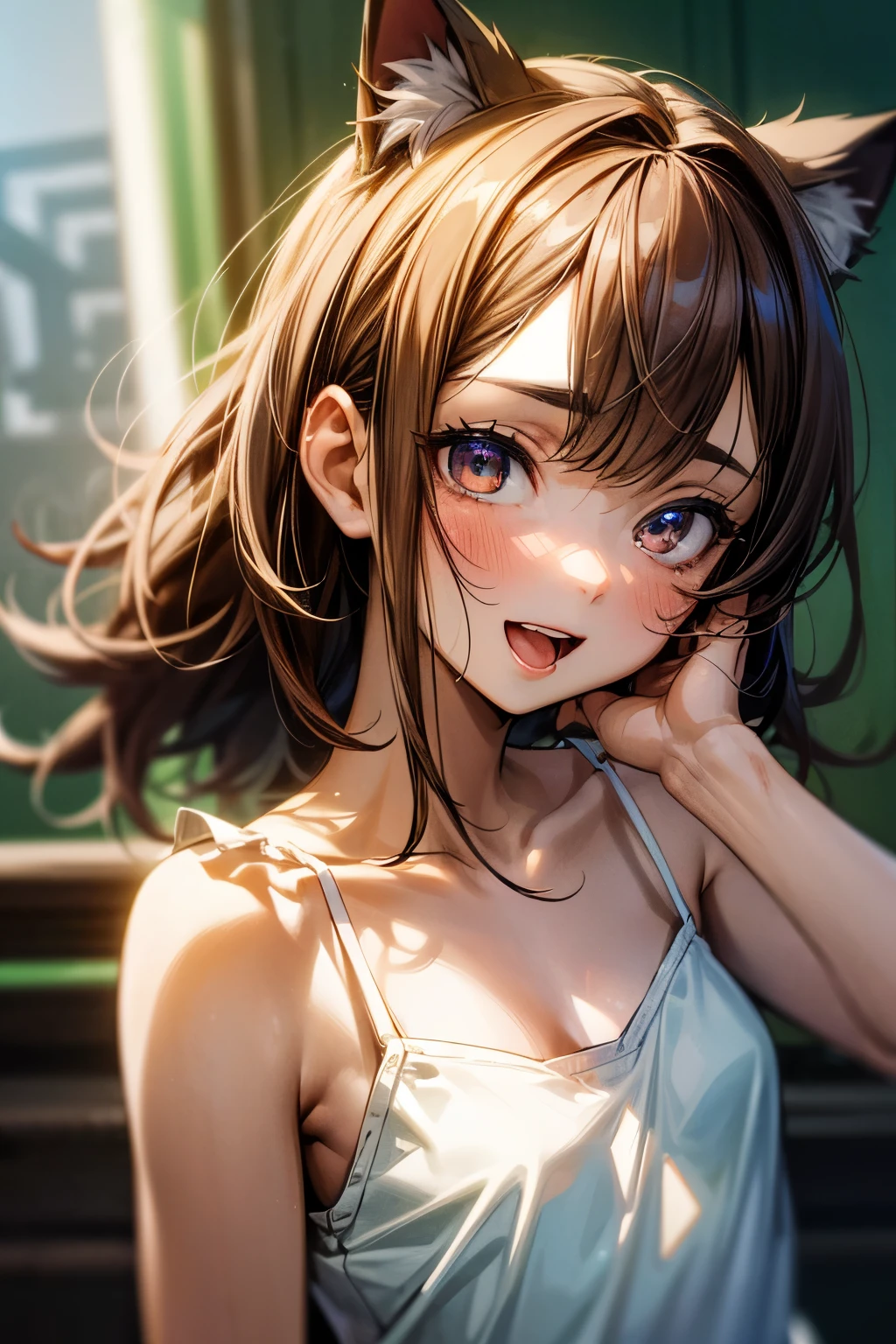 ((Masterpiece)), (Anime:1.3), ((best quality)), (RAW photo: 1.2), (High Definition:1.3), (Professional Photography:1.2), (12 years old),1girl, 8K, cinematic lighting, very messy hair,(portrait, narrow lane, sunset), (exposed breast, tattered and torn dirty oversized white-camisole, Slender small breasts,big cute smile), slum townscape, Textured skin, cat ears, pale brown hair, Cute Beautiful girl