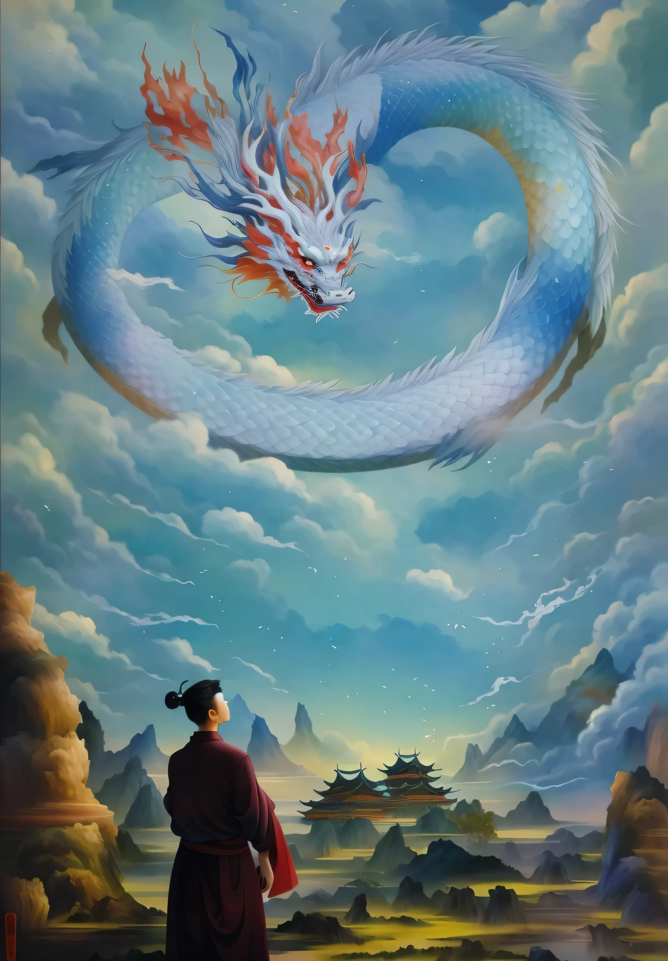 painting of a man standing in front of a painting of a dragon, home, chinese surrealism, dragon in the sky, inspired by Tosa Mitsuoki, inspired by Ren Xun, by Ju Lian, akira from chinese mythology, by Wen Boren, inspired by Yang Buzhi, chinese fantasy, inspired by Li Rongjin, by Ren Renfa, by Li Zai