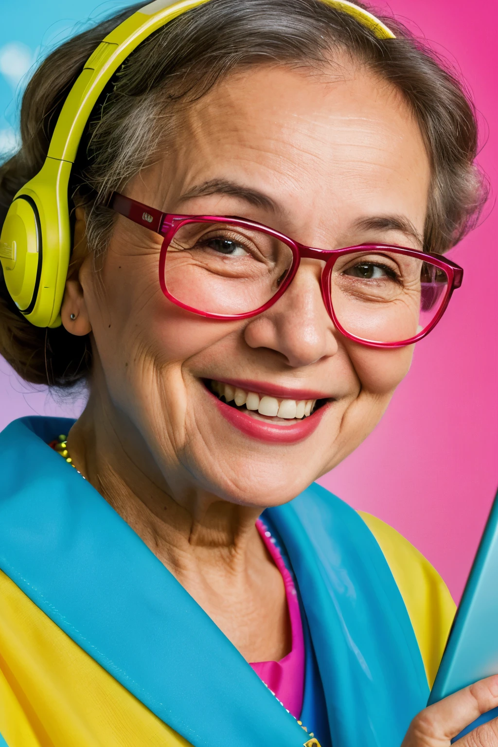 a funny, adorable, old, happy, tech, women in the age of artificial intelligence (best quality,4k,8k,highres,masterpiece:1.2),ultra-detailed,(realistic,photorealistic,photo-realistic:1.37),HDR,UHD,studio lighting,ultra-fine painting,sharp focus,physically-based rendering,extreme detail description,professional,vivid colors,bokeh,comedy (a girl),(joyful),(elderly),(gentle eyes),(smiling face),(kind-hearted),(cute grin),(sweet laughter),(wisdom),(tech enthusiast),(intimate relationship with AI),(happy retirement),(bright future),(abundance of wisdom),(advanced technology),(cyberspace connection),(playful personality),(funny expressions),(artificial intelligence),(advanced gadgets),(innovative ideas),(high-tech glasses),(colorful attire),(cheerful atmosphere),(futuristic background),(technology integration),(artificial companionship),(humorous interactions),(laughter and joy),(AI as a dear friend),(adorable elderly lady),(captivating smile),(happiness and laughter),(heartwarming bond),(positive outlook on life),(enjoying the benefits of AI),(embracing technology),(spreading positivity with humor)