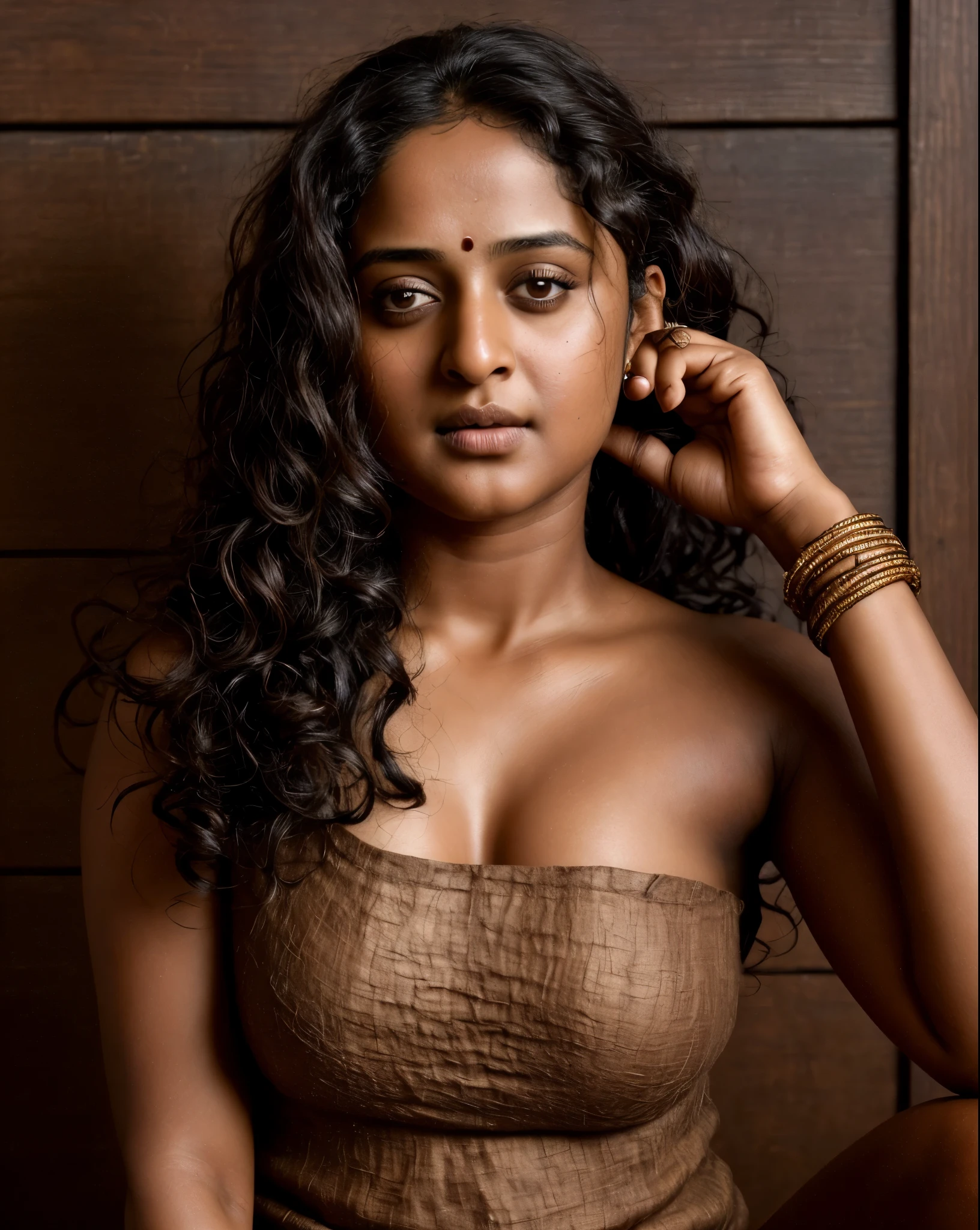 Looks like Anushka Shetty, a photo portrait of a beautiful girl with curls, styled black hair, (face portrait:1.5), dramatic light, Rembrandt lighting scheme, bust shot, linen tank top , top quality editorial photograph, skin texture, skin pores, chocolate skin, high quality skin, top quality photography, professional photography, professional retouching, insane detailing, warm moody tones, 