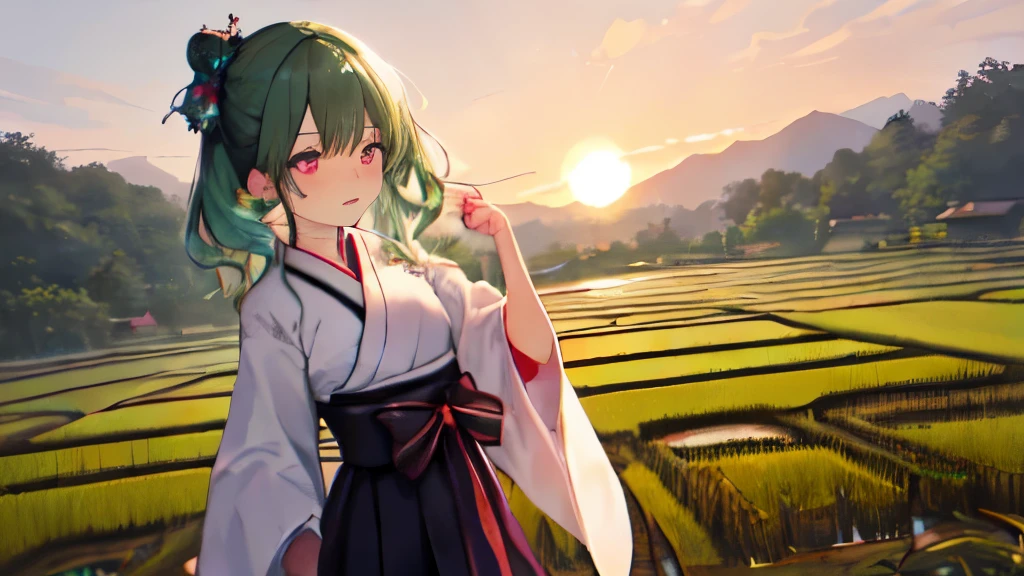 One girl, with long, wavy rice paddy green hair, stands near the edge of a serene rice paddy, looking away from the camera with a blush on her cheeks. Wearing a traditional Hanbok, a brightly colored Korean dress, she keeps her mouth shut, embarrassed, as she adjusts her mini skirt, trying to hide her secret. Her pink eyes are filled with a mix of shame and determination as a few grains of rice accidentally fall onto her skirt. The sun sets behind her, casting a warm, golden glow on the lush rice paddies, adding to the mystical and enchanting atmosphere. The scenery around her is simple yet beautiful, with a few tall trees and