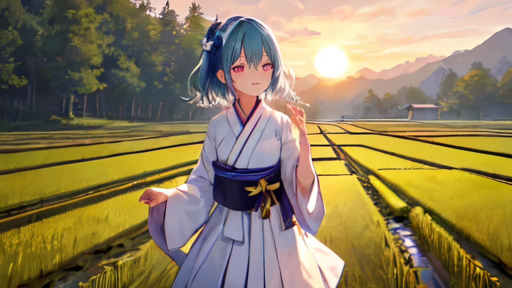 One girl, with long, wavy rice paddy green hair, stands near the edge of a serene rice paddy, looking away from the camera with a blush on her cheeks. Wearing a traditional Hanbok, a brightly colored Korean dress, she keeps her mouth shut, embarrassed, as she adjusts her mini skirt, trying to hide her secret. Her pink eyes are filled with a mix of shame and determination as a few grains of rice accidentally fall onto her skirt. The sun sets behind her, casting a warm, golden glow on the lush rice paddies, adding to the mystical and enchanting atmosphere. The scenery around her is simple yet beautiful, with a few tall trees and