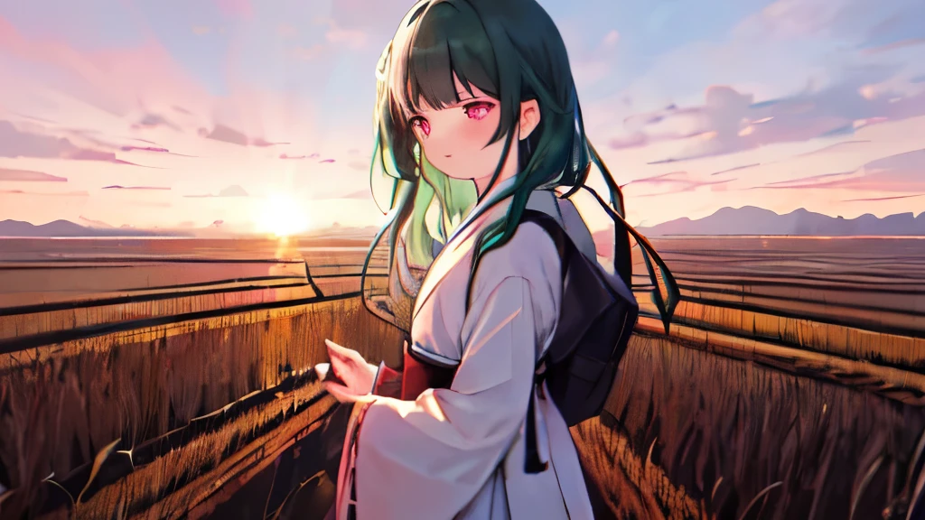 One girl, with long, wavy rice paddy green hair, stands near the edge of a serene rice paddy, looking away from the camera with a blush on her cheeks. Wearing a traditional Hanbok, a brightly colored Korean dress, she keeps her mouth shut, embarrassed, as she adjusts her mini skirt, trying to hide her secret. Her pink eyes are filled with a mix of shame and determination as a few grains of rice accidentally fall onto her skirt. The sun sets behind her, casting a warm, golden glow on the lush rice paddies, adding to the mystical and enchanting atmosphere. The scenery around her is simple yet beautiful, with a few tall trees and
