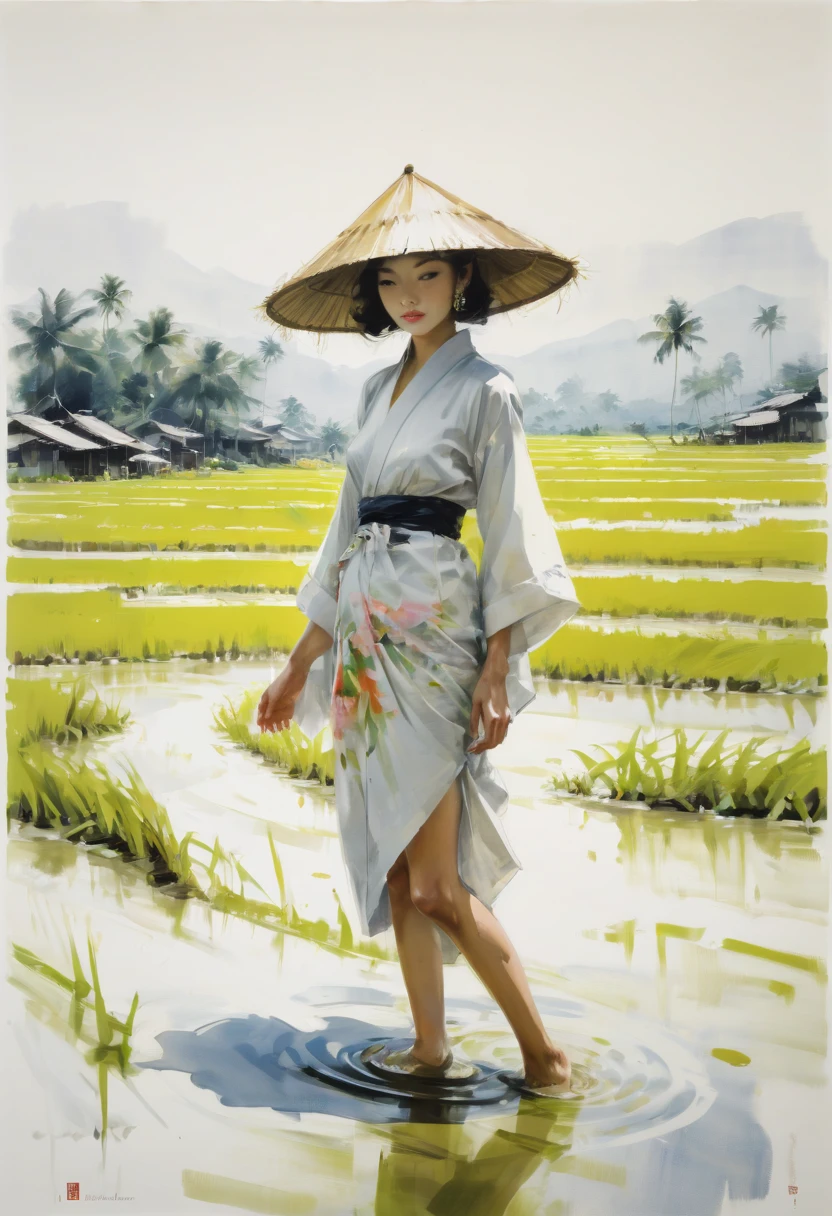 girl in rice paddy, by David Downton, best quality, masterpiece, Representative work, official art, Professional, Ultra intricate detailed, 8k