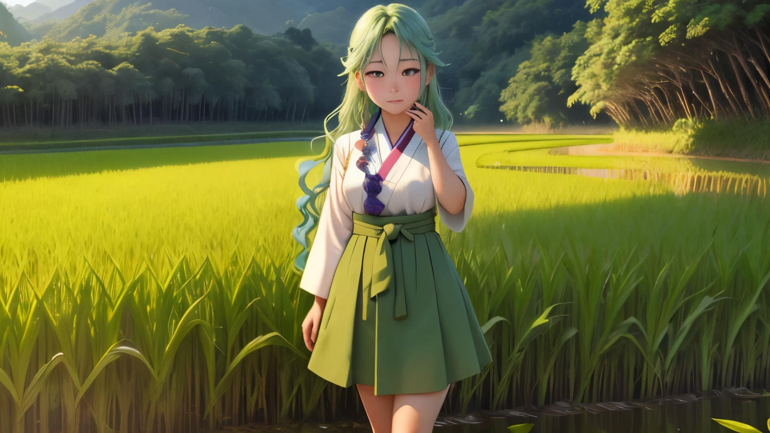 One girl, with long, wavy rice paddy green hair, stands near the edge of a serene rice paddy, looking away from the camera with a blush on her cheeks. Wearing a traditional Hanbok, a brightly colored Korean dress, she keeps her mouth shut, embarrassed, as she adjusts her mini skirt, trying to hide her secret. Her pink eyes are filled with a mix of shame and determination as a few grains of rice accidentally fall onto her skirt. The sun sets behind her, casting a warm, golden glow on the lush rice paddies, adding to the mystical and enchanting atmosphere. The scenery around her is simple yet beautiful, with a few tall trees and