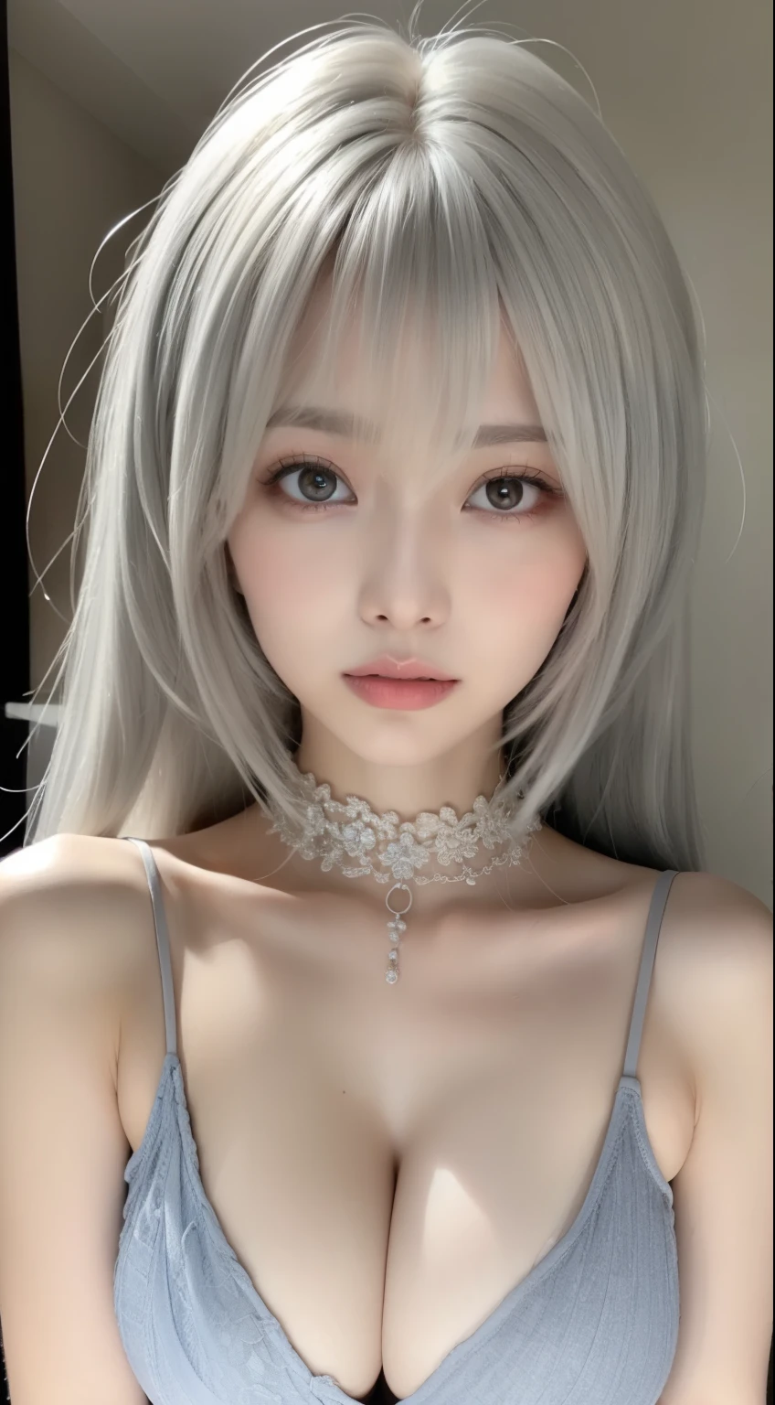 Beautiful woman with perfect body：1.4，layered hairstyle，prominent cleavage，2D clothing：1.5，Highly detailed facial and skin textures，double eyelids，whiten skin，Long gray hair，play with water，collar