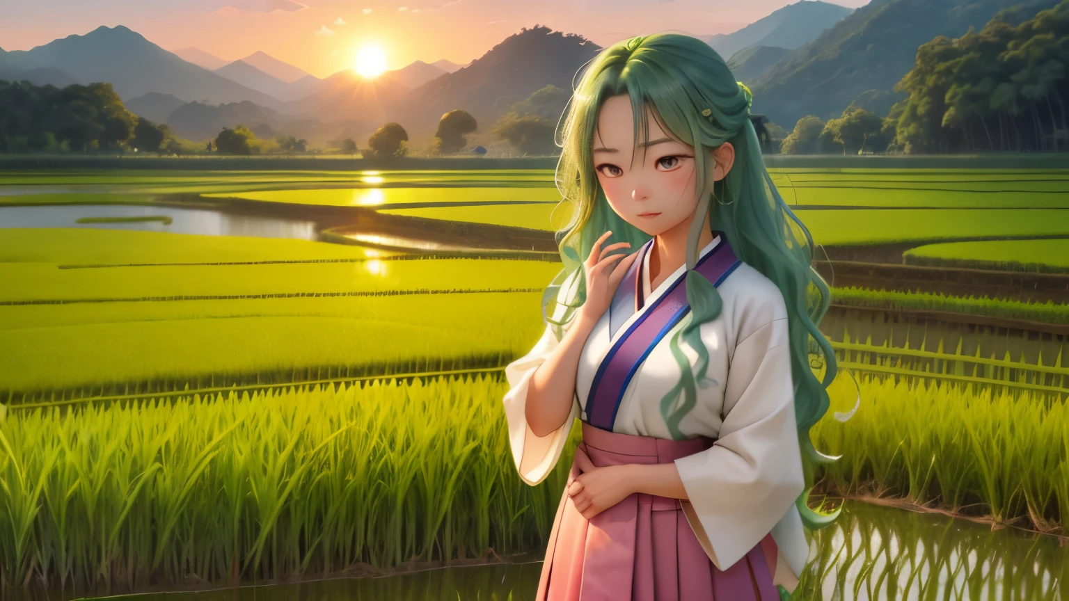 One girl, with long, wavy rice paddy green hair, stands near the edge of a serene rice paddy, looking away from the camera with a blush on her cheeks. Wearing a traditional Hanbok, a brightly colored Korean dress, she keeps her mouth shut, embarrassed, as she adjusts her mini skirt, trying to hide her secret. Her pink eyes are filled with a mix of shame and determination as a few grains of rice accidentally fall onto her skirt. The sun sets behind her, casting a warm, golden glow on the lush rice paddies, adding to the mystical and enchanting atmosphere. The scenery around her is simple yet beautiful, with a few tall trees and