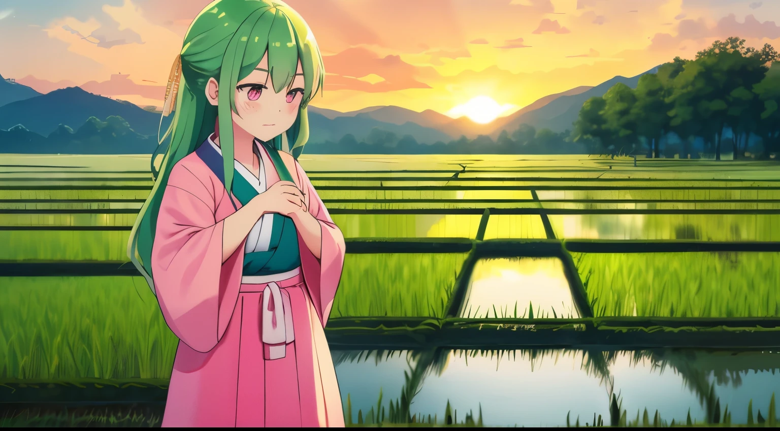 One girl, with long, wavy rice paddy green hair, stands near the edge of a serene rice paddy, looking away from the camera with a blush on her cheeks. Wearing a traditional Hanbok, a brightly colored Korean dress, she keeps her mouth shut, embarrassed, as she adjusts her mini skirt, trying to hide her secret. Her pink eyes are filled with a mix of shame and determination as a few grains of rice accidentally fall onto her skirt. The sun sets behind her, casting a warm, golden glow on the lush rice paddies, adding to the mystical and enchanting atmosphere. The scenery around her is simple yet beautiful, with a few tall trees and