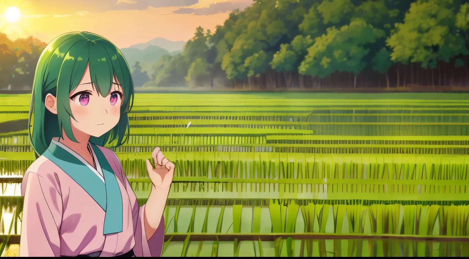 One girl, with long, wavy rice paddy green hair, stands near the edge of a serene rice paddy, looking away from the camera with a blush on her cheeks. Wearing a traditional Hanbok, a brightly colored Korean dress, she keeps her mouth shut, embarrassed, as she adjusts her mini skirt, trying to hide her secret. Her pink eyes are filled with a mix of shame and determination as a few grains of rice accidentally fall onto her skirt. The sun sets behind her, casting a warm, golden glow on the lush rice paddies, adding to the mystical and enchanting atmosphere. The scenery around her is simple yet beautiful, with a few tall trees and