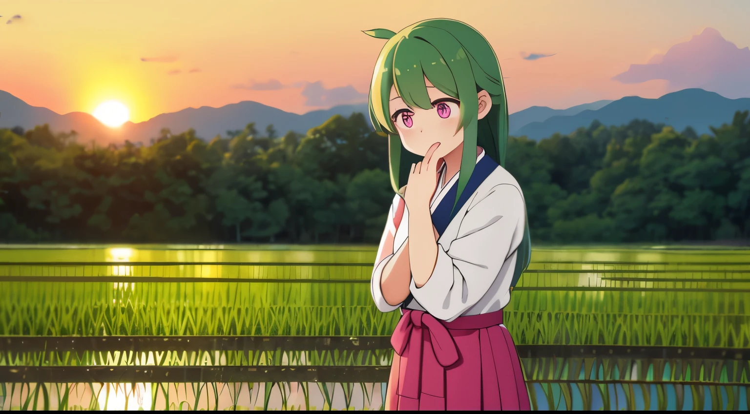 One girl, with long, wavy rice paddy green hair, stands near the edge of a serene rice paddy, looking away from the camera with a blush on her cheeks. Wearing a traditional Hanbok, a brightly colored Korean dress, she keeps her mouth shut, embarrassed, as she adjusts her mini skirt, trying to hide her secret. Her pink eyes are filled with a mix of shame and determination as a few grains of rice accidentally fall onto her skirt. The sun sets behind her, casting a warm, golden glow on the lush rice paddies, adding to the mystical and enchanting atmosphere. The scenery around her is simple yet beautiful, with a few tall trees and