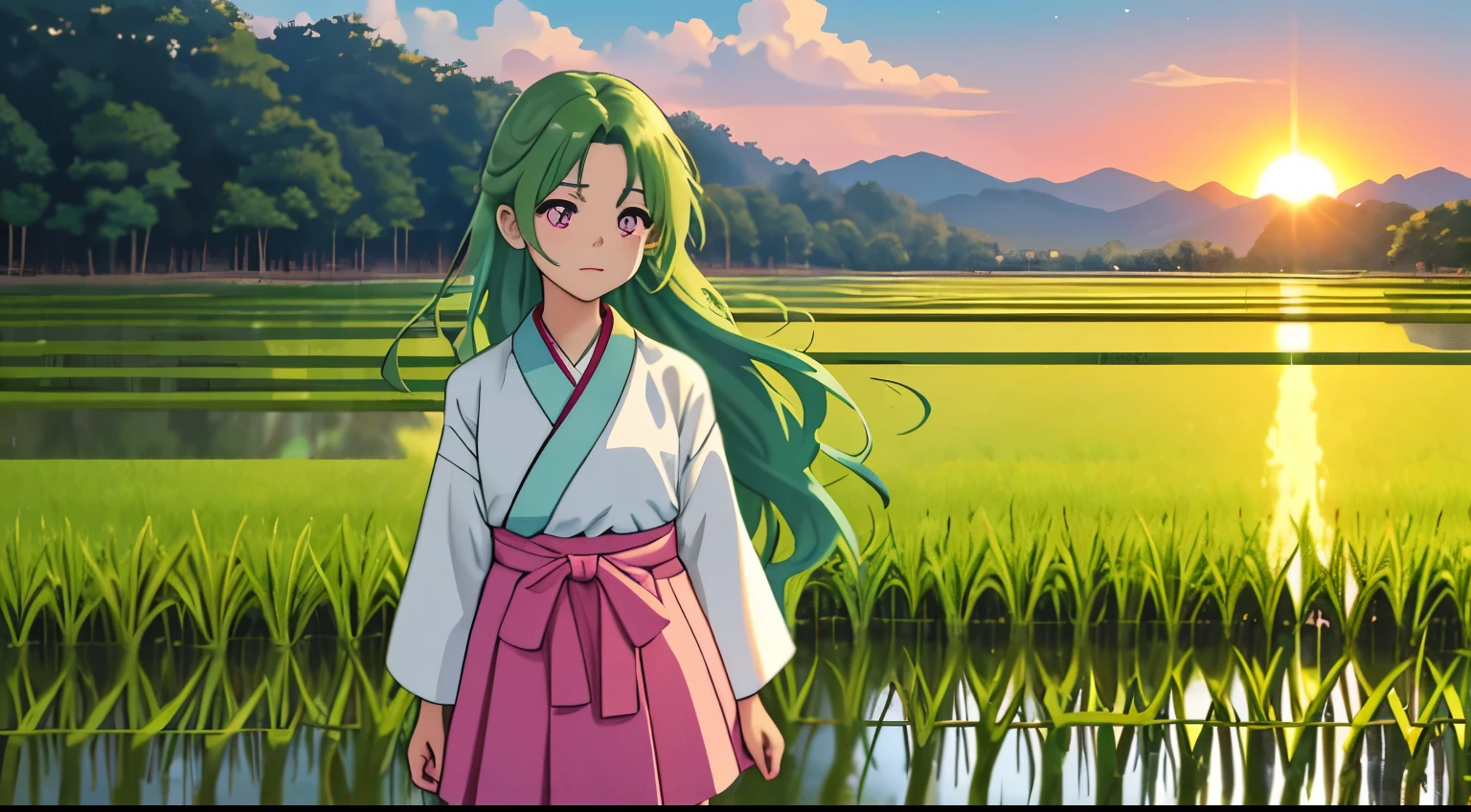 One girl, with long, wavy rice paddy green hair, stands near the edge of a serene rice paddy, looking away from the camera with a blush on her cheeks. Wearing a traditional Hanbok, a brightly colored Korean dress, she keeps her mouth shut, embarrassed, as she adjusts her mini skirt, trying to hide her secret. Her pink eyes are filled with a mix of shame and determination as a few grains of rice accidentally fall onto her skirt. The sun sets behind her, casting a warm, golden glow on the lush rice paddies, adding to the mystical and enchanting atmosphere. The scenery around her is simple yet beautiful, with a few tall trees and