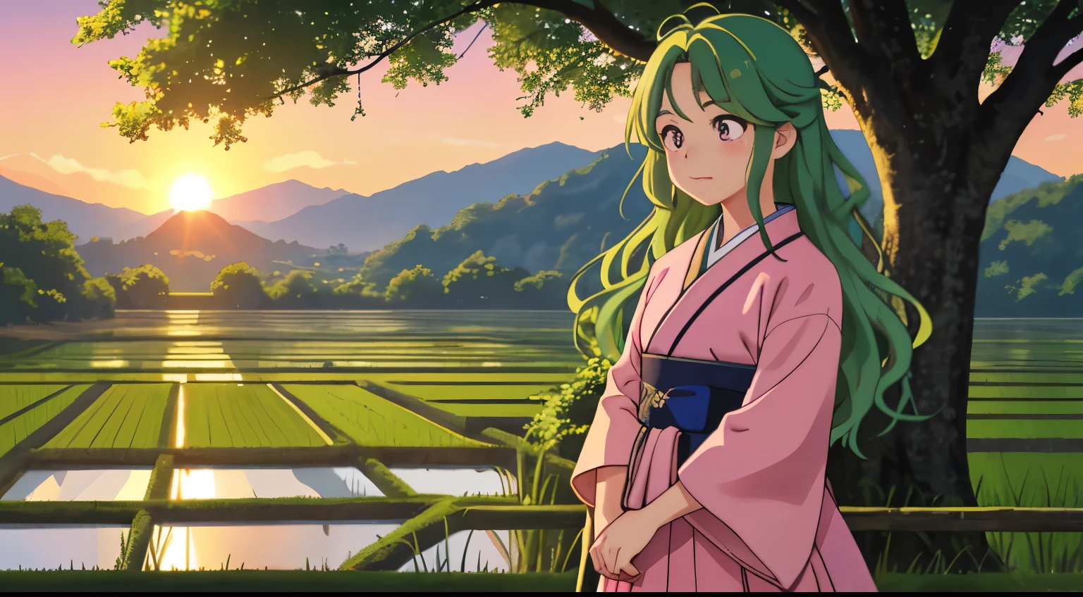 One girl, with long, wavy rice paddy green hair, stands near the edge of a serene rice paddy, looking away from the camera with a blush on her cheeks. Wearing a traditional Hanbok, a brightly colored Korean dress, she keeps her mouth shut, embarrassed, as she adjusts her mini skirt, trying to hide her secret. Her pink eyes are filled with a mix of shame and determination as a few grains of rice accidentally fall onto her skirt. The sun sets behind her, casting a warm, golden glow on the lush rice paddies, adding to the mystical and enchanting atmosphere. The scenery around her is simple yet beautiful, with a few tall trees and