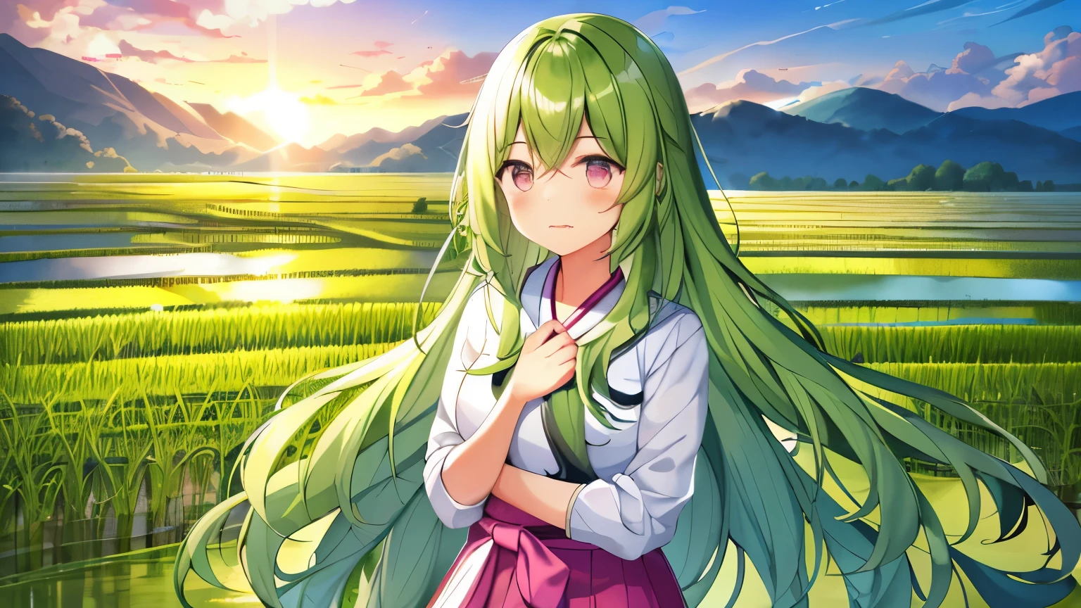 One girl, with long, wavy rice paddy green hair, stands near the edge of a serene rice paddy, looking away from the camera with a blush on her cheeks. Wearing a traditional Hanbok, a brightly colored Korean dress, she keeps her mouth shut, embarrassed, as she adjusts her mini skirt, trying to hide her secret. Her pink eyes are filled with a mix of shame and determination as a few grains of rice accidentally fall onto her skirt. The sun sets behind her, casting a warm, golden glow on the lush rice paddies, adding to the mystical and enchanting atmosphere. The scenery around her is simple yet beautiful, with a few tall trees and
