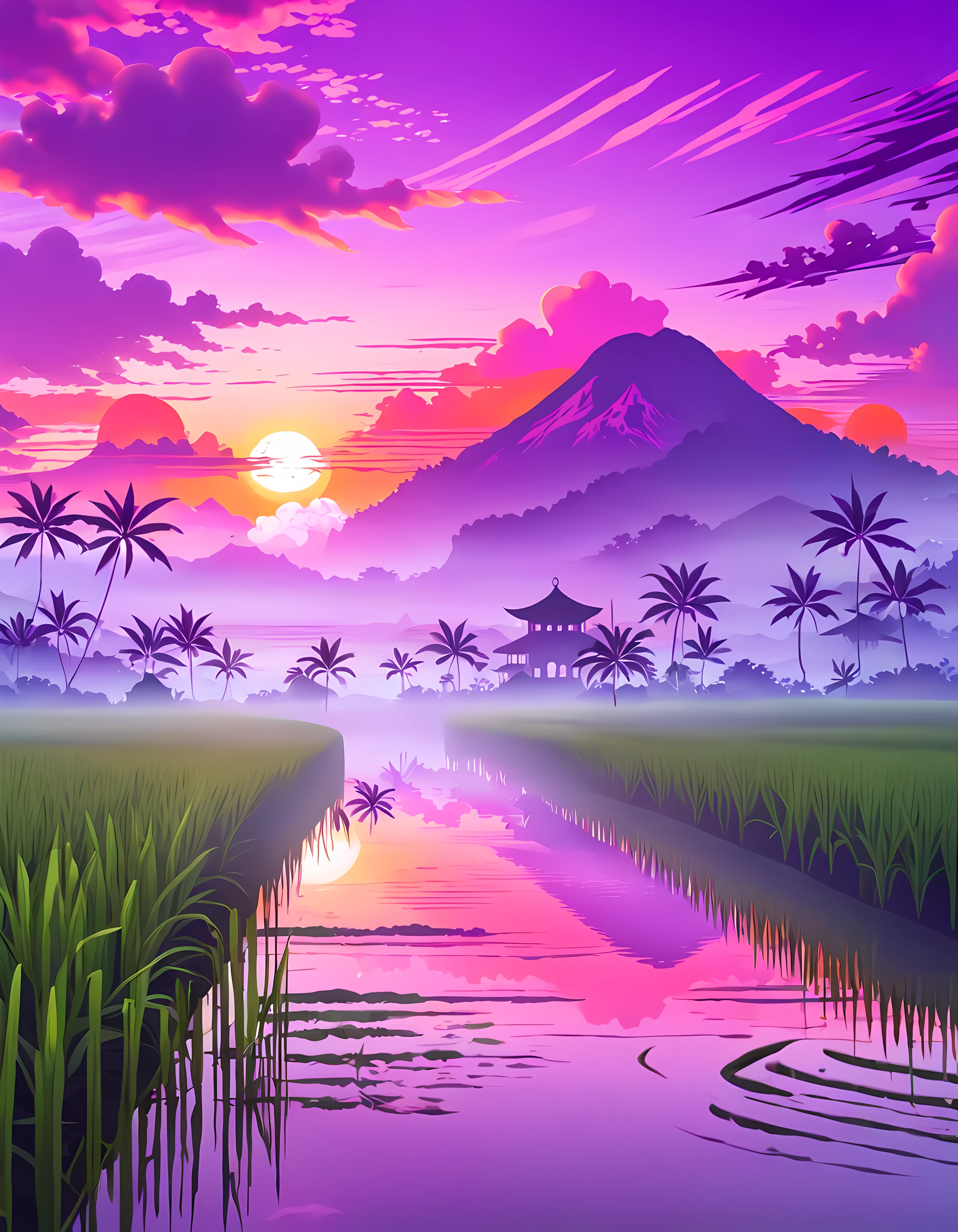 (Surrelasim:1.4), cute anime style, design a captivating image of a ((mystical mist)) hovering above a ((lush rice paddy)), mesmerizing dawn with hues of orange, pink and purple, (Japanese architecture), cloudy, dreamy, masterpiece in maximum 16K resolution, superb quality. | ((More_Detail))
