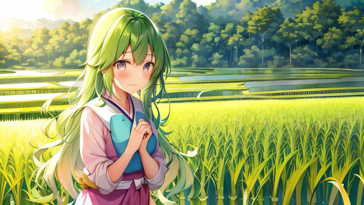 One girl, with long, wavy rice paddy green hair, stands near the edge of a serene rice paddy, looking away from the camera with a blush on her cheeks. Wearing a traditional Hanbok, a brightly colored Korean dress, she keeps her mouth shut, embarrassed, as she adjusts her mini skirt, trying to hide her secret. Her pink eyes are filled with a mix of shame and determination as a few grains of rice accidentally fall onto her skirt. The sun sets behind her, casting a warm, golden glow on the lush rice paddies, adding to the mystical and enchanting atmosphere. The scenery around her is simple yet beautiful, with a few tall trees and