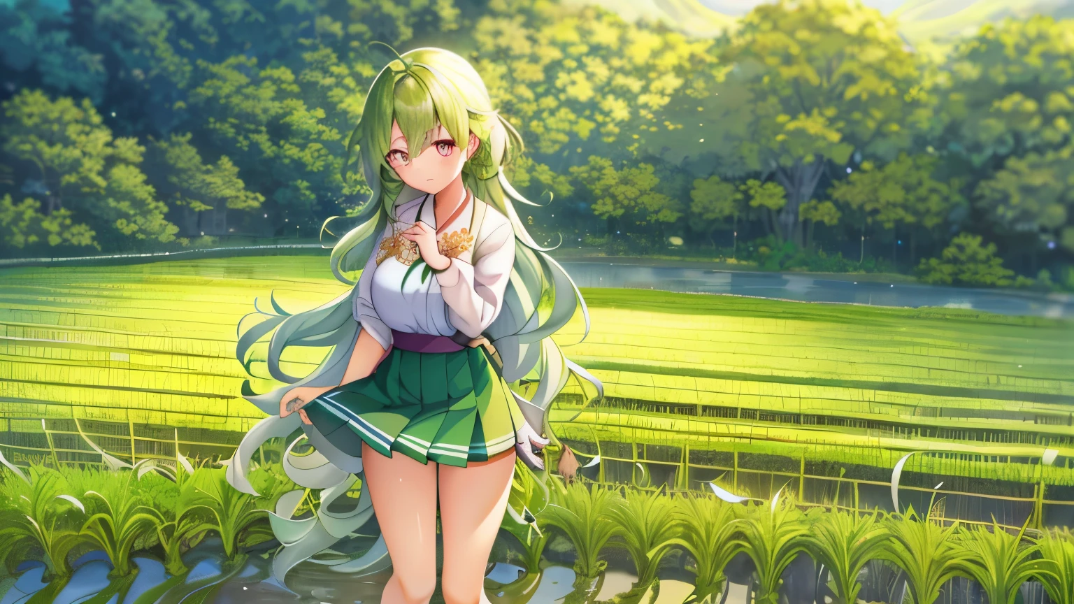 One girl, with long, wavy rice paddy green hair, stands near the edge of a serene rice paddy, looking away from the camera with a blush on her cheeks. Wearing a traditional Hanbok, a brightly colored Korean dress, she keeps her mouth shut, embarrassed, as she adjusts her mini skirt, trying to hide her secret. Her pink eyes are filled with a mix of shame and determination as a few grains of rice accidentally fall onto her skirt. The sun sets behind her, casting a warm, golden glow on the lush rice paddies, adding to the mystical and enchanting atmosphere. The scenery around her is simple yet beautiful, with a few tall trees and