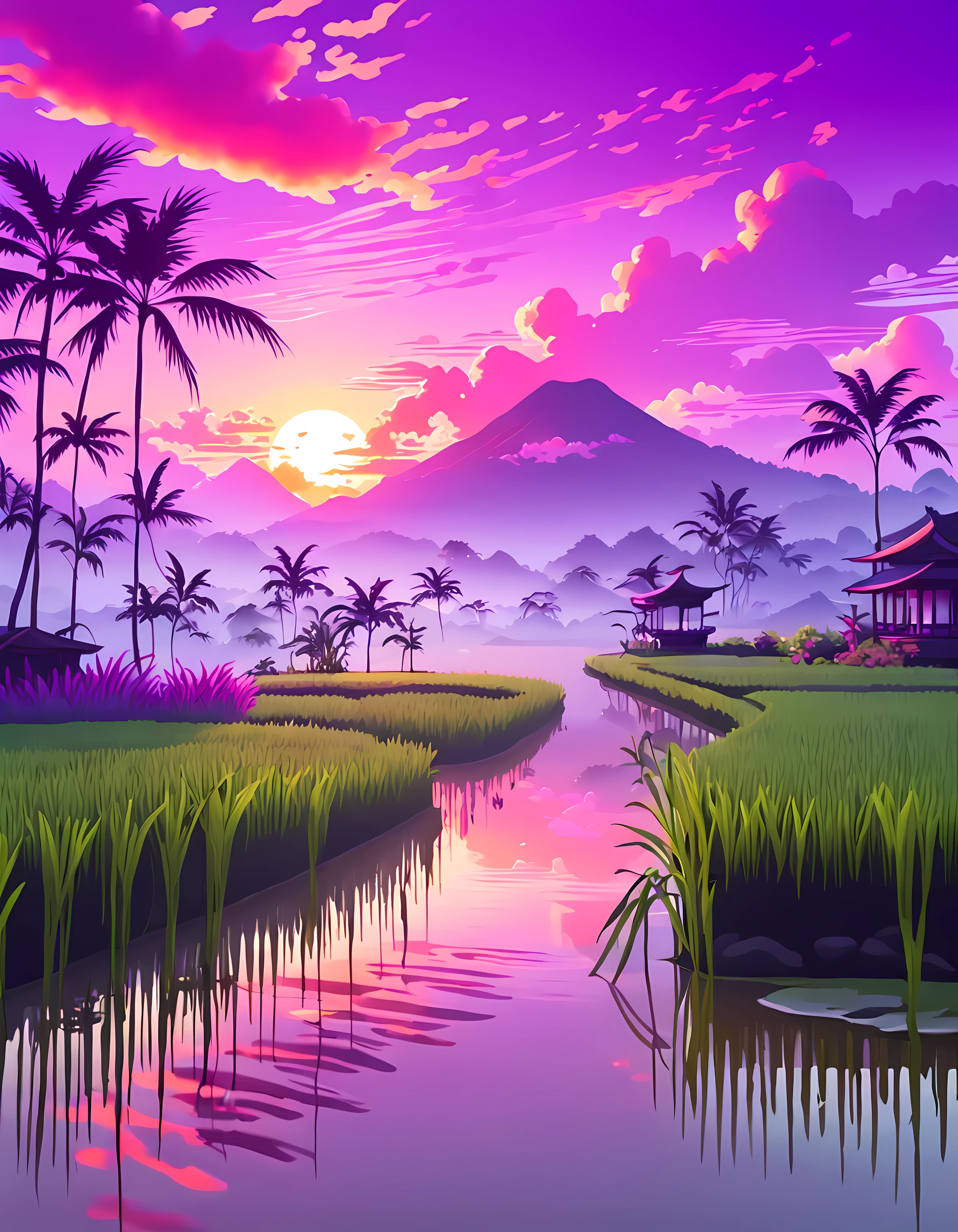 (Surrelasim:1.4), cute anime style, design a captivating image of a ((mystical mist)) hovering above a ((lush rice paddy)), mesmerizing dawn with hues of orange, pink and purple, (Japanese architecture), cloudy, dreamy, masterpiece in maximum 16K resolution, superb quality. | ((More_Detail))
