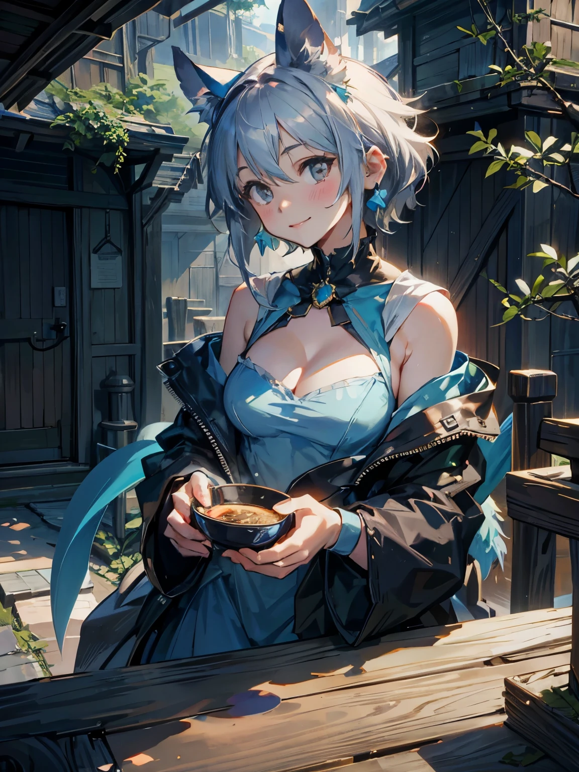 slight smile、small breasts、cleavage、titmouse
