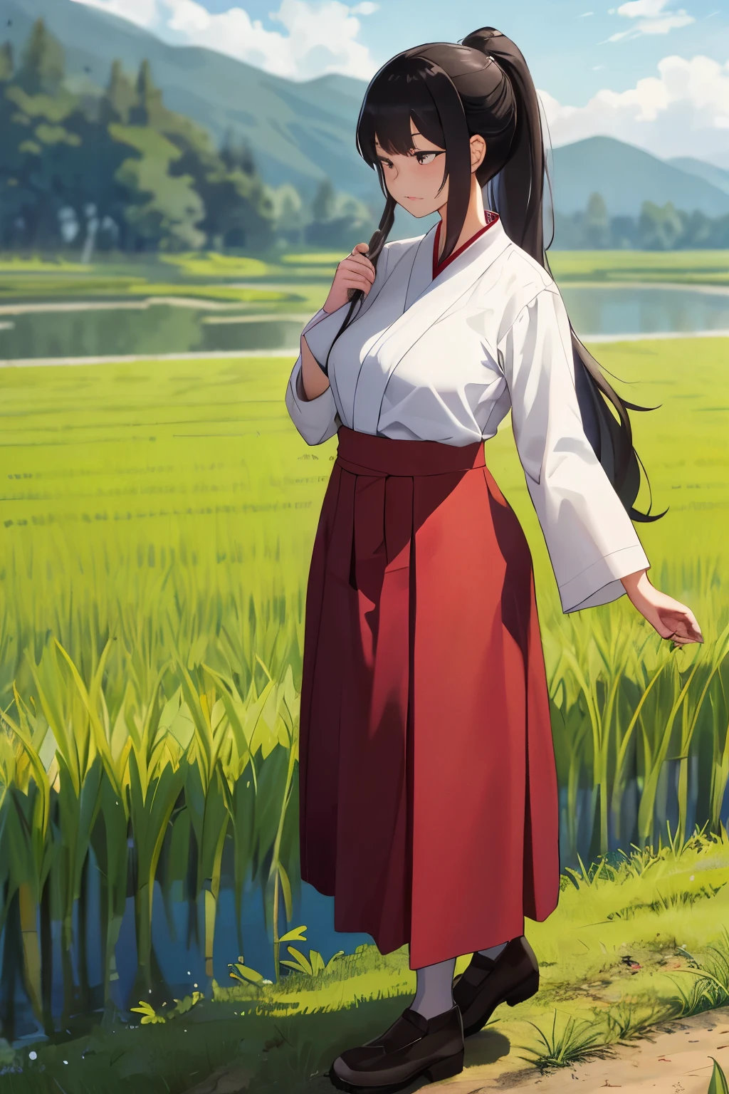 One girl in a traditional Asian outfit, including a long sleeve blouse and trousers, takes a break from working in a lush rice paddy. She stands there, her long black hair tied up in a ponytail, blushing from the effort she's put into her labor. She looks away, embarrassed, as she feels a slight need to relieve herself in the midst of her work. Keeping her mouth shut to maintain decorum, she discreetly hikes up her skirt, revealing the hem of her petticoat. She takes a few steps away from her colleagues, spreading her legs wide to ensure privacy. As she goes about her business, she remains standing, the wind gently blowing through her hair