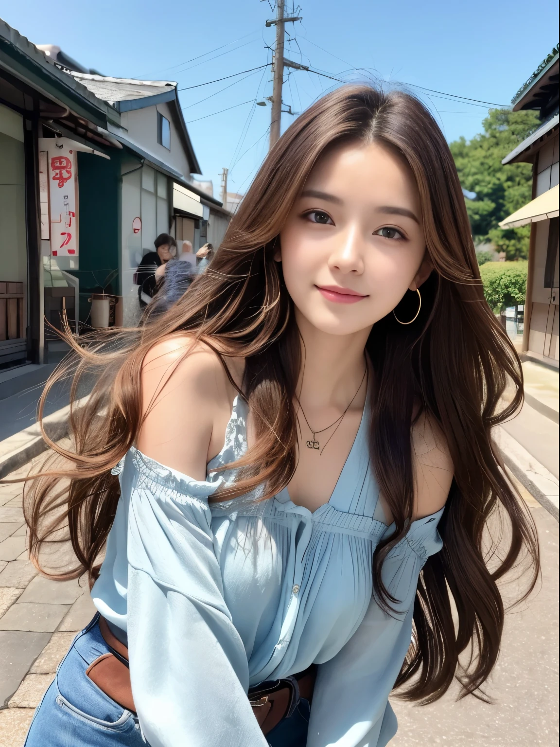 best qualtiy,tmasterpiece,超A high resolution,(Realism:1.4),RAW photogr,Loose perm hair、dark brown hair、smil、professional photograpy、Same skin type as humans、Female proofreading of Japan from head to foot、Blur the background、Draws faithfully to anatomy、Very detailed and beautiful、Ultra-high image quality、Hair swaying and sexy、Very detailed beautiful girl、the pose、Semi-long hair、The length of hair to the shoulderedium hair、a necklace、cafes、blue-sky、