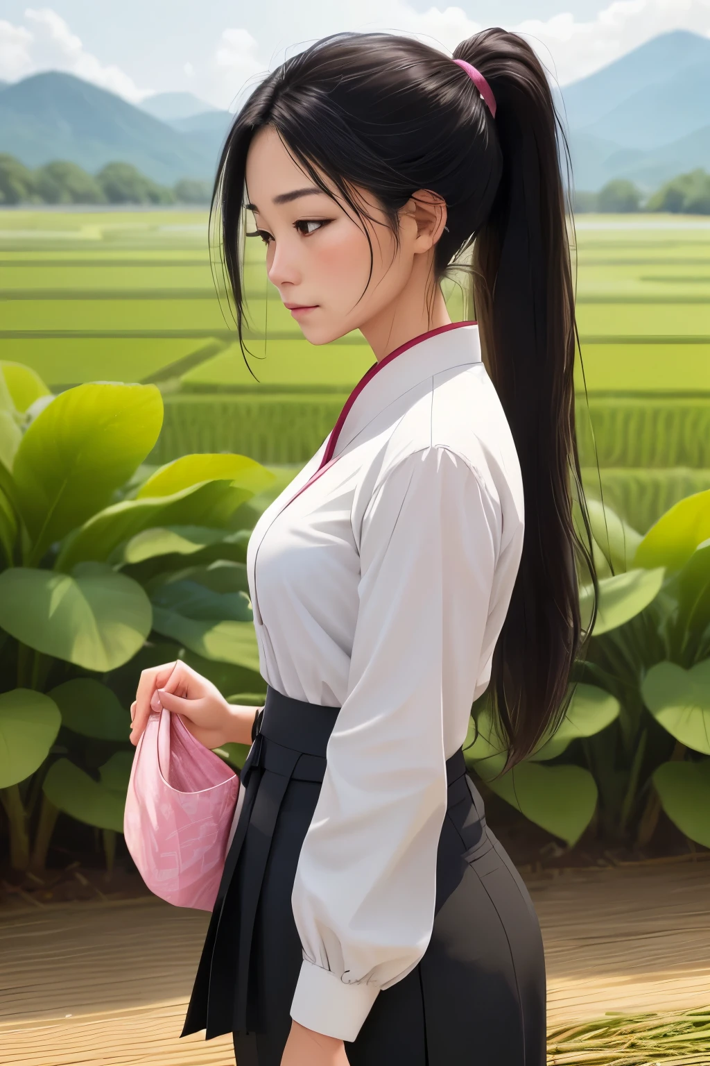 One girl in a traditional Asian outfit, including a long sleeve blouse and trousers, takes a break from working in a lush rice paddy. She stands there, her long black hair tied up in a ponytail, blushing from the effort she's put into her labor. She looks away, embarrassed, as she feels a slight need to relieve herself in the midst of her work. Keeping her mouth shut to maintain decorum, she discreetly hikes up her skirt, revealing the hem of her petticoat. She takes a few steps away from her colleagues, spreading her legs wide to ensure privacy. As she goes about her business, she remains standing, the wind gently blowing through her hair