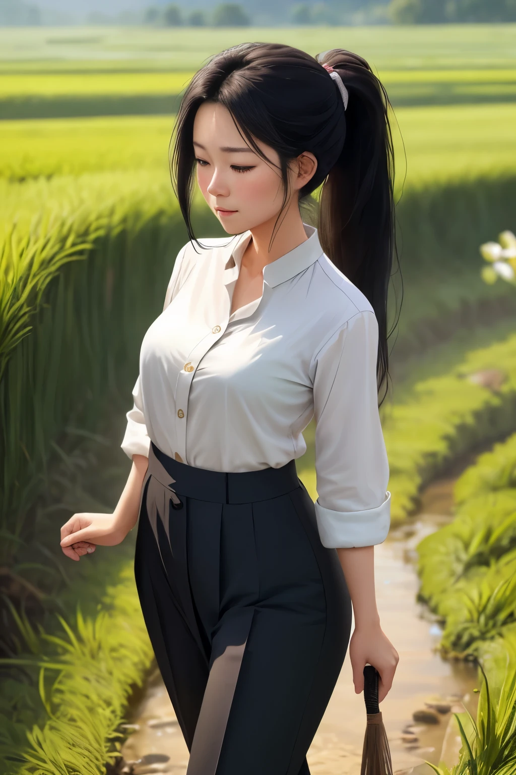 One girl in a traditional Asian outfit, including a long sleeve blouse and trousers, takes a break from working in a lush rice paddy. She stands there, her long black hair tied up in a ponytail, blushing from the effort she's put into her labor. She looks away, embarrassed, as she feels a slight need to relieve herself in the midst of her work. Keeping her mouth shut to maintain decorum, she discreetly hikes up her skirt, revealing the hem of her petticoat. She takes a few steps away from her colleagues, spreading her legs wide to ensure privacy. As she goes about her business, she remains standing, the wind gently blowing through her hair