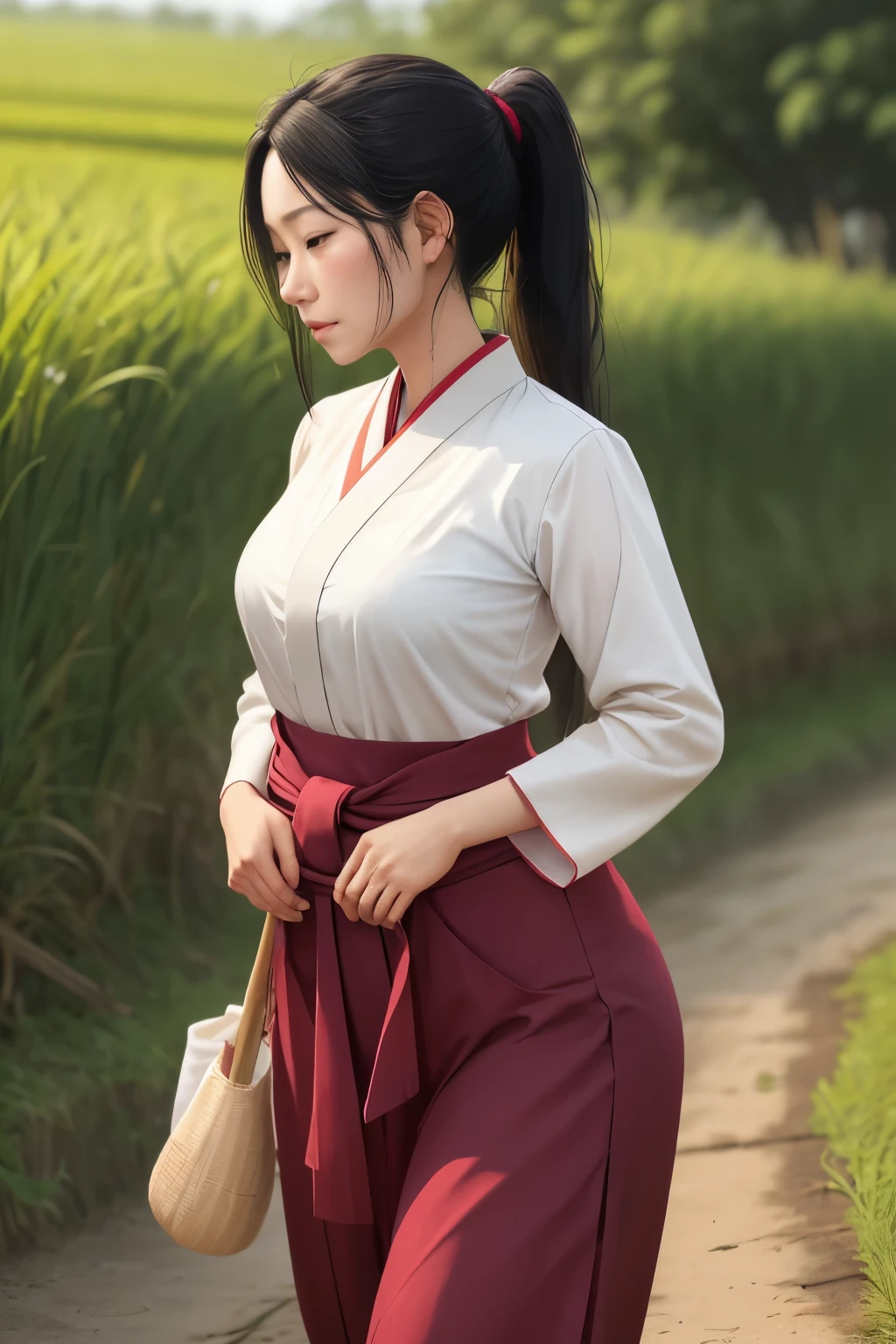 One girl in a traditional Asian outfit, including a long sleeve blouse and trousers, takes a break from working in a lush rice paddy. She stands there, her long black hair tied up in a ponytail, blushing from the effort she's put into her labor. She looks away, embarrassed, as she feels a slight need to relieve herself in the midst of her work. Keeping her mouth shut to maintain decorum, she discreetly hikes up her skirt, revealing the hem of her petticoat. She takes a few steps away from her colleagues, spreading her legs wide to ensure privacy. As she goes about her business, she remains standing, the wind gently blowing through her hair