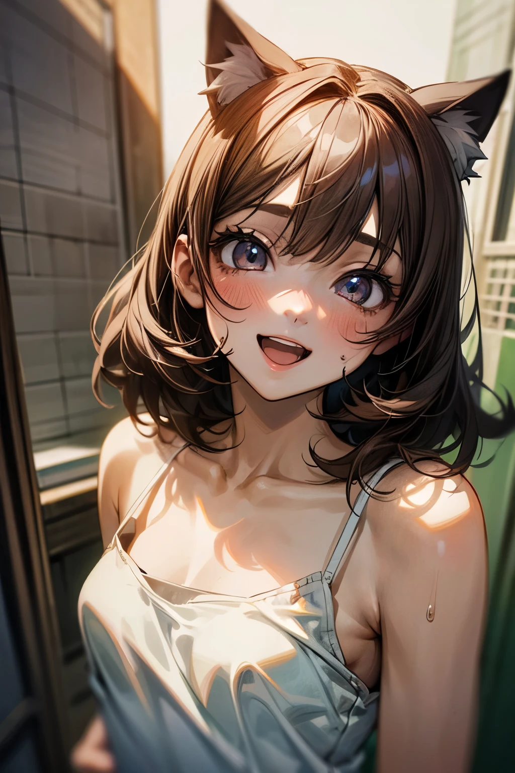 (Best quality:1.3), brown ponytail, large breasts, cleavage,((white nurse outfit:1.2)), smiling, (pov, close shot),(pink lace bra), nipples,wed clothes,(cum on face:1.5)