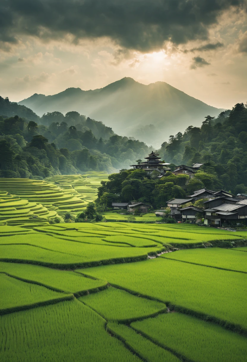 📷 A stunning panoramic view of a vibrant green rice paddy in rural Japan, medium: hyper-realistic photography, style: capturing the tranquil beauty of the Japanese countryside, lighting: soft natural light with clouds overhead, colors: lush greens contrasted with browns, composition: shot with a Fujifilm GFX 100S, GF 32-mm f/4 R LM WR lens, resolution 100 megapixels, ISO 100, f/11 aperture, shutter speed 1/125s. The rice paddy stretches endlessly with mountains in the distance, aesthetic