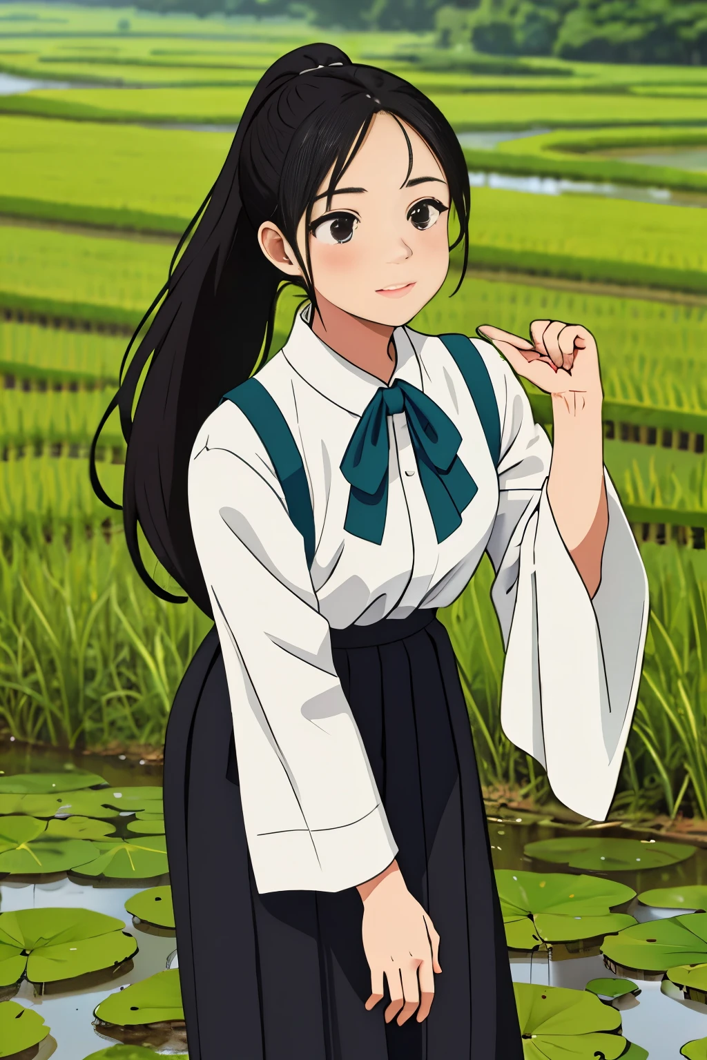 One girl in a traditional Asian outfit, including a long sleeve blouse and trousers, takes a break from working in a lush rice paddy. She stands there, her long black hair tied up in a ponytail, blushing from the effort she's put into her labor. She looks away, embarrassed, as she feels a slight need to relieve herself in the midst of her work. Keeping her mouth shut to maintain decorum, she discreetly hikes up her skirt, revealing the hem of her petticoat. She takes a few steps away from her colleagues, spreading her legs wide to ensure privacy. As she goes about her business, she remains standing, the wind gently blowing through her hair