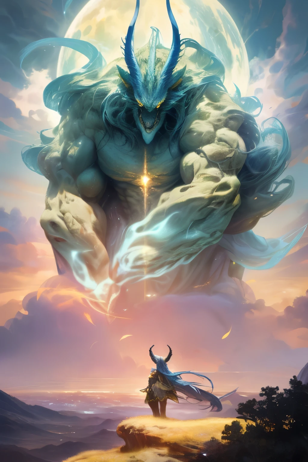 "Mythical Beast of Grandeur Emerges Majestically in a Fantastical Landscape
(Featuring the highest quality,hyper-realistic rendering)
Un monstre puissant, endowed with two imposing curved horns, emerges majestically in a fantastical landscape. The grandeur of this mythical creature's curved horns is accentuated by the mystical horizon, where enchanted skies mingle with the magic of the land.
This stunning masterpiece, rendered in exquisite detail, showcases the creature's powerful form as it stands against the backdrop of the ethereal world. The skies are ablaze with lum