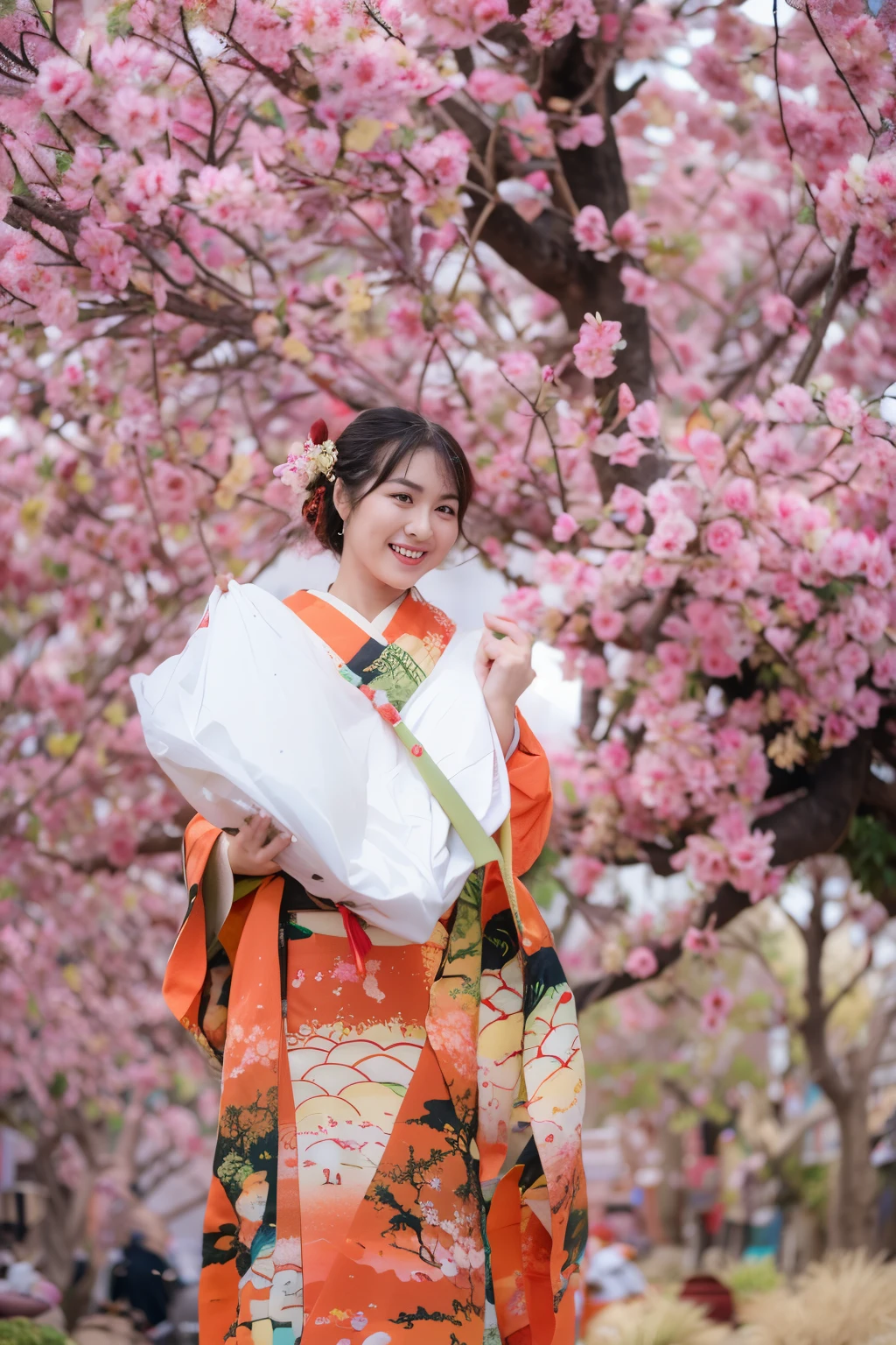 araffe dressed in a kimono standing under a tree with pink flowers, japanese woman, japanese kimono, sakura season, wearing kimono, elegant japanese woman, traditional japanese, japaneese style, wearing a kimono, japanese clothes, japanese model, japanese, in kimono, wearing royal kimono, flowing sakura-colored silk, traditional geisha clothing, japanese heritage, traditional japanese colors