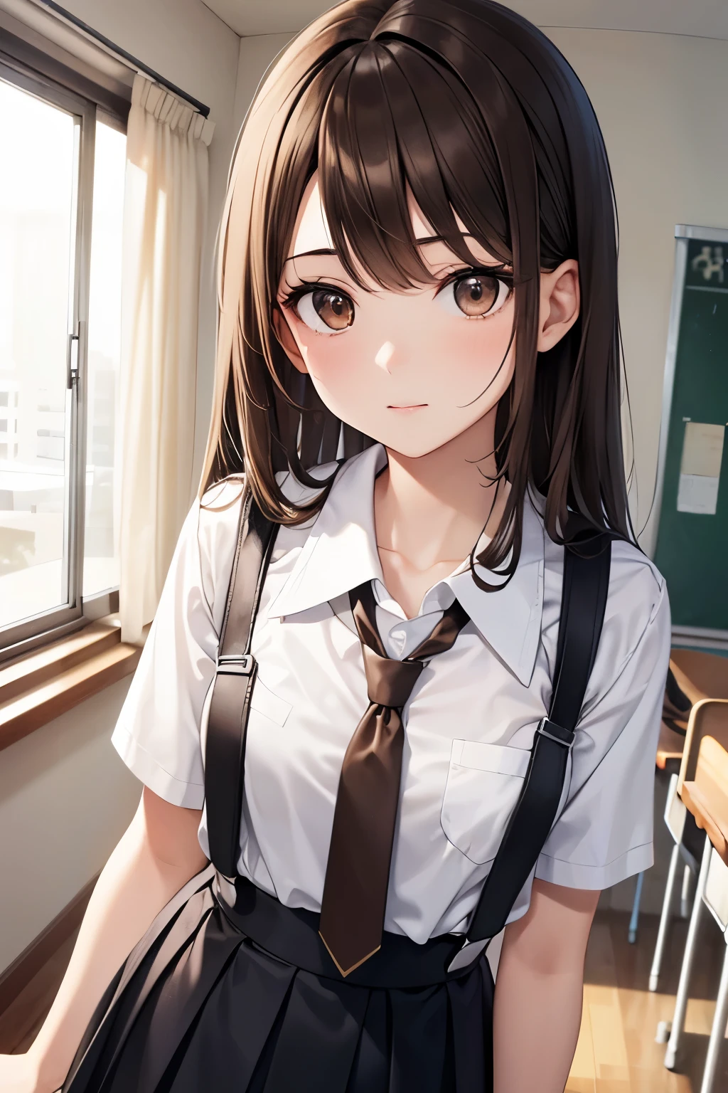 best quality, highres,Slender、brown eyes、tall、brown hair、shortcut,straight hair、School、classroom、uniform、white blouse、22 years old、gray tie