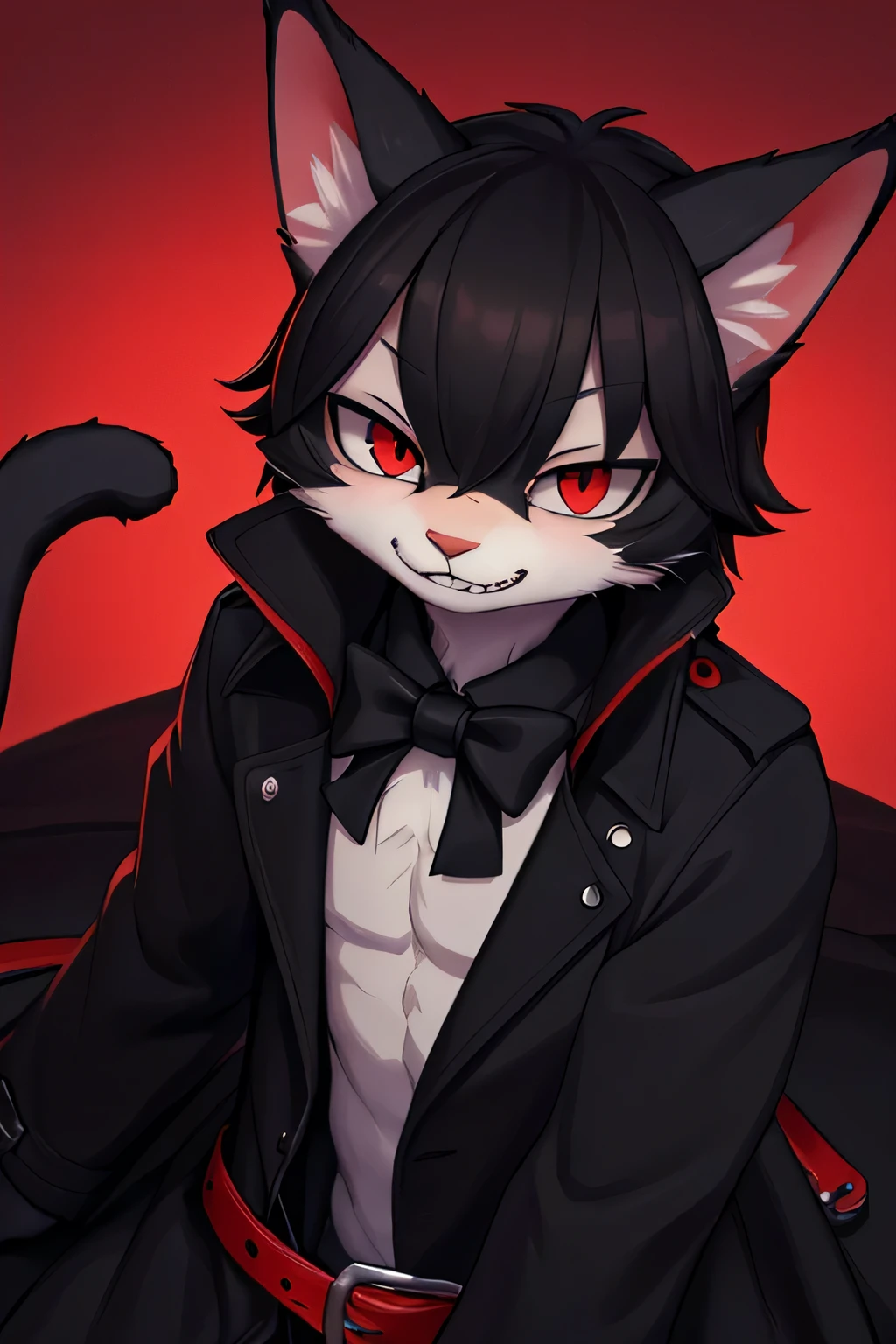 (high-res masterpiece)) , ((best quality)), illustration, furry, 
cat, animal ears, tail, bodyfur, black fur, 1guy, POV, upper body, 1guy solo *//*, red eyes, *//*, black trench coat, looking at viewer, toothy grin,