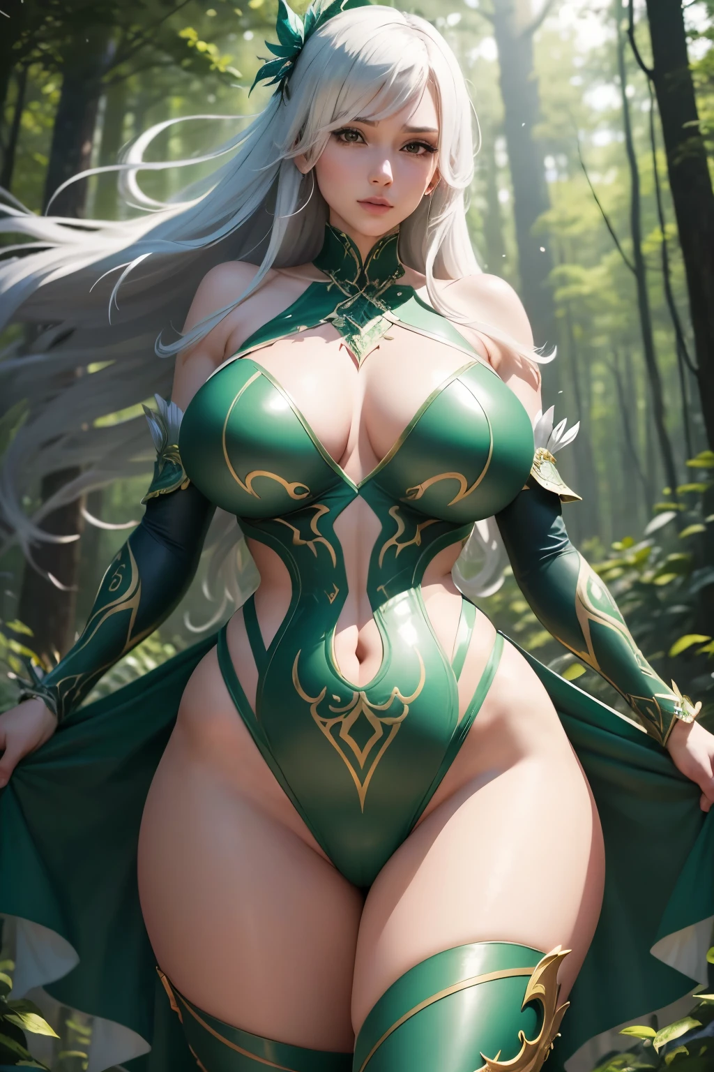 In intricately detailed perspectives, the slender woman named Aria is depicted. Her body boasts a  waistline and an ample bust, accentuated by her voluminous, full breasts. Her arms are encased in a revealing, sensual armor that contracts at her fine waist, flaring out to accommodate her generously proportioned hips and broad derrière. Her agile form is frozen mid-leap, showcasing her impressive height and boundless energy. The background of the image is a lush, verdant forest, adding an element of organic contrast and beauty to the armored figure.