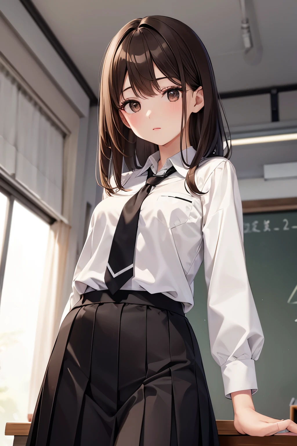 best quality, highres,Slender、brown eyes、tall、brown hair、shortcut,straight hair、School、classroom、uniform、white blouse、22 years old、gray tie
